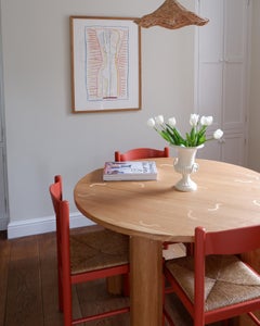 Guilloche Dining Table, By Josh Page Studio. Round oak top with octagonal legs.