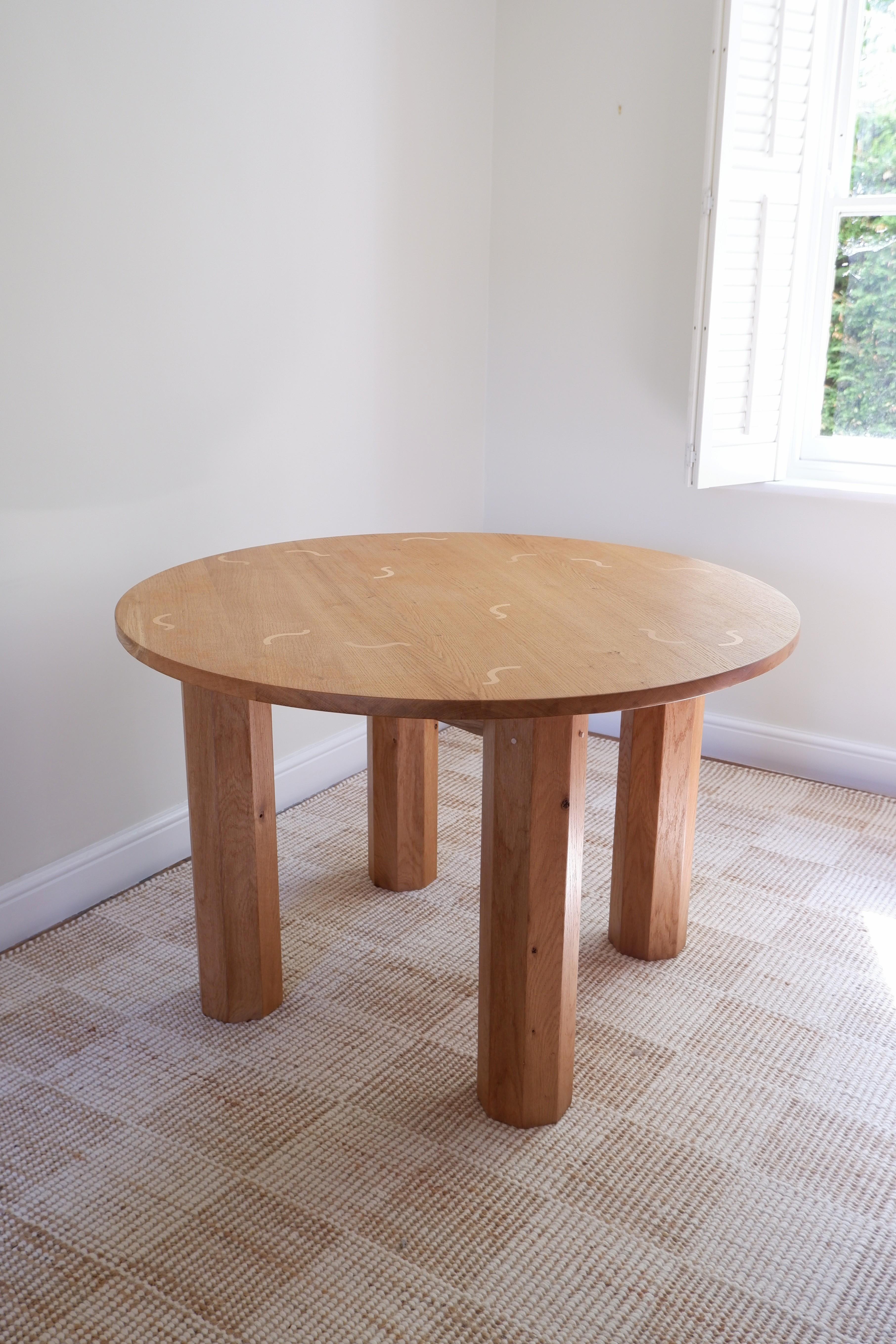 Woodwork Guilloche Dining Table, By Josh Page Studio. Round oak top with octagonal legs. For Sale