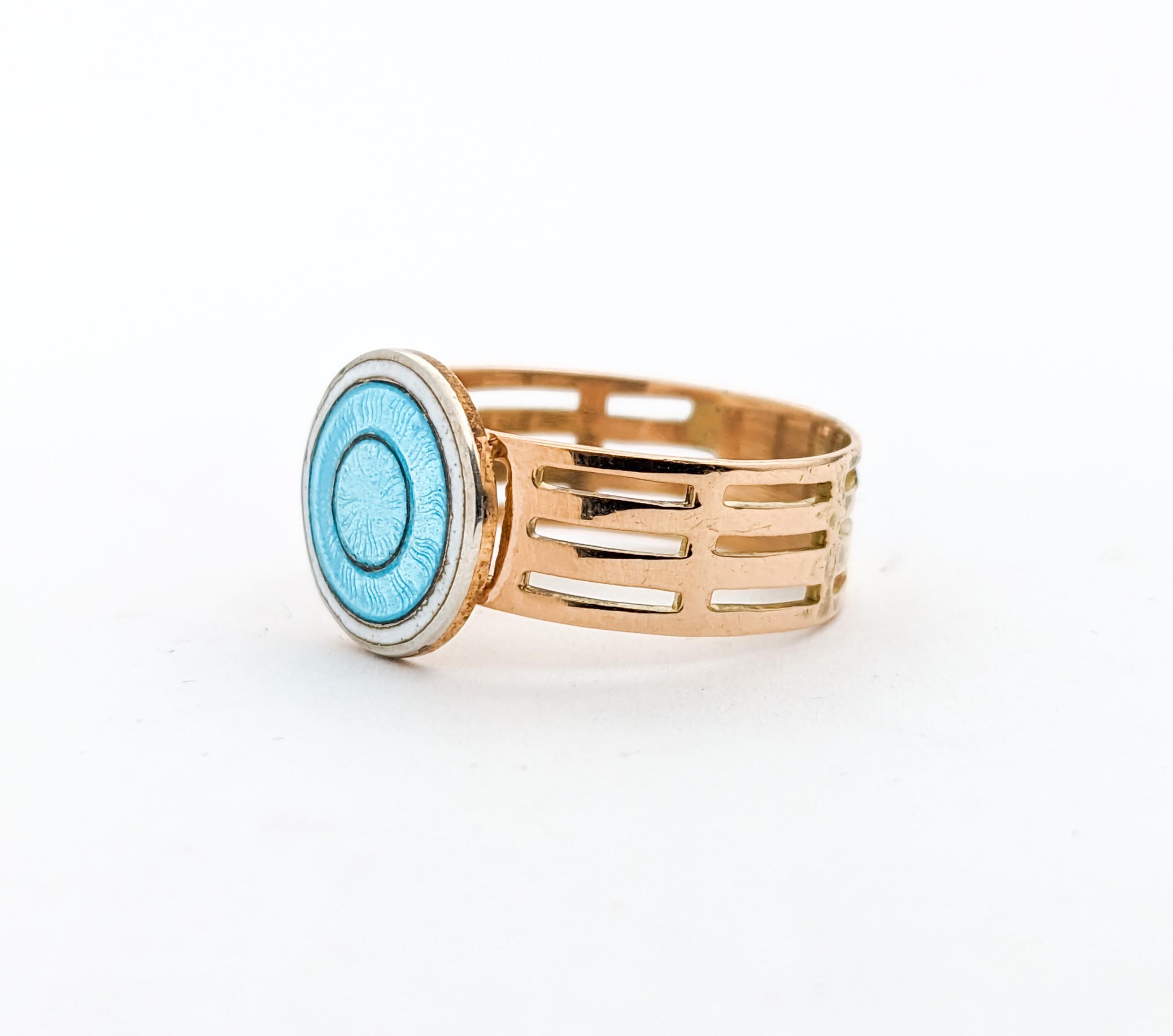 Guilloché Enamel Blue Disc Ring In Yellow Gold For Sale 6
