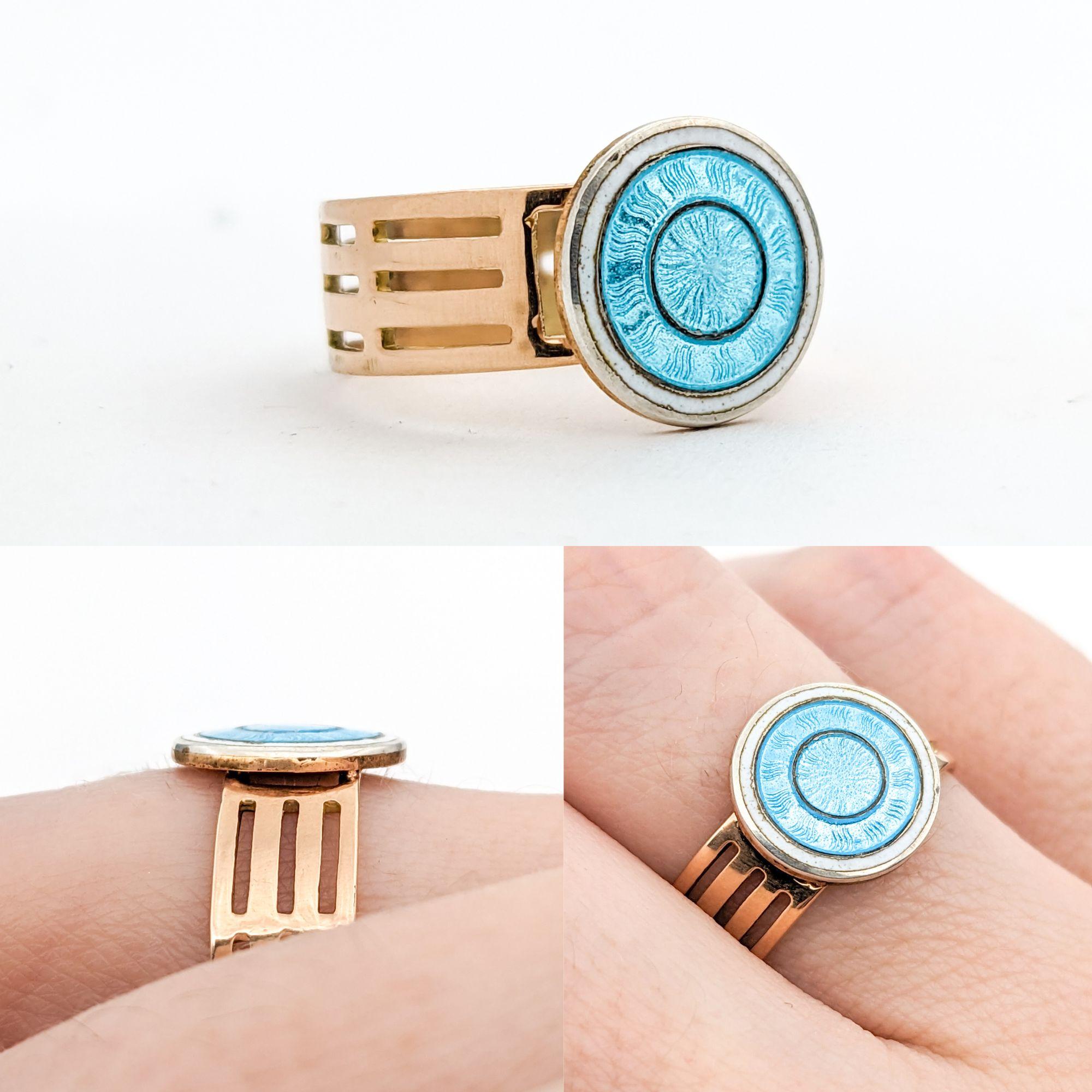 Modern Guilloché Enamel Blue Disc Ring In Yellow Gold For Sale