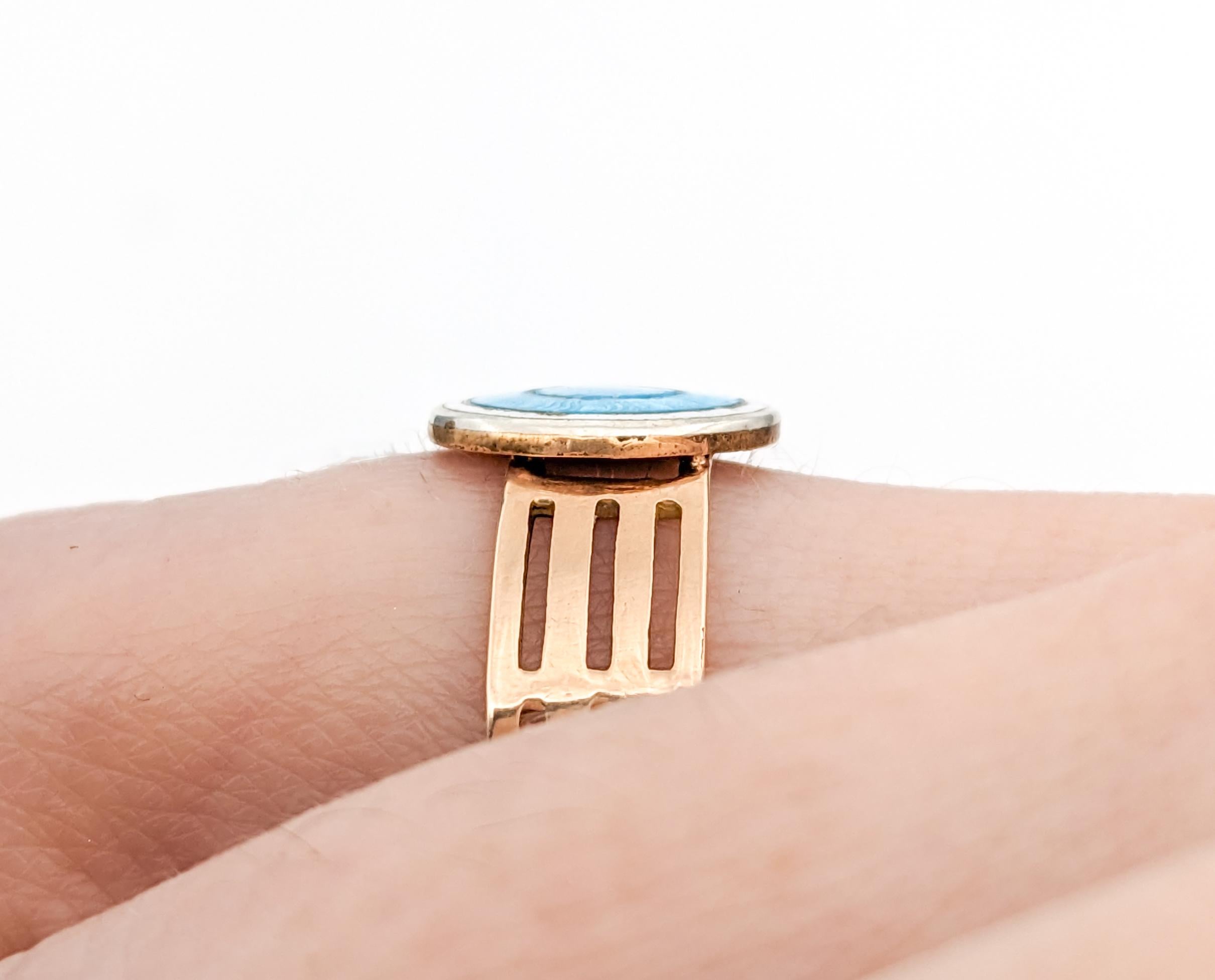 Guilloché Enamel Blue Disc Ring In Yellow Gold For Sale 1