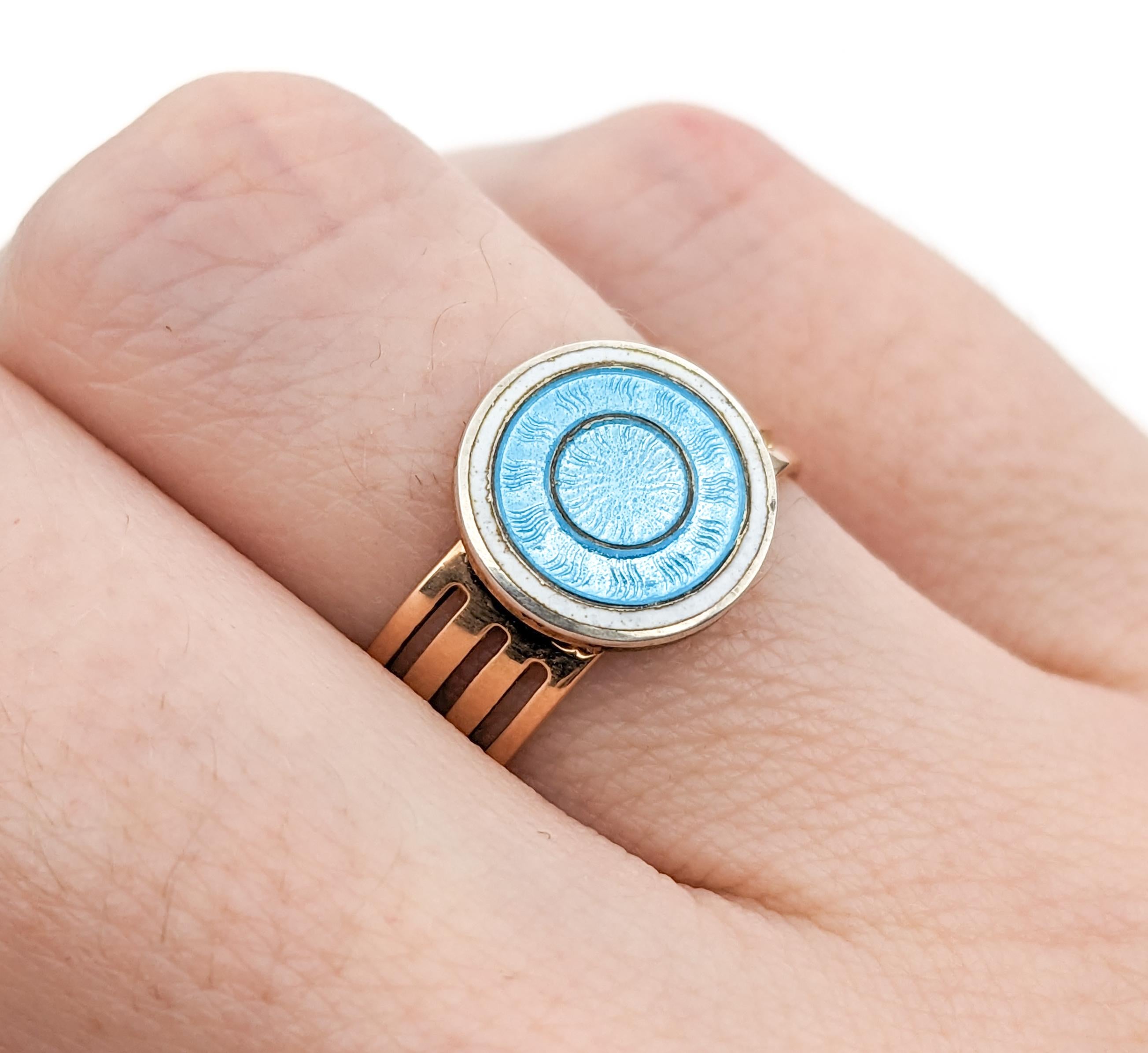 Guilloché Enamel Blue Disc Ring In Yellow Gold For Sale 2