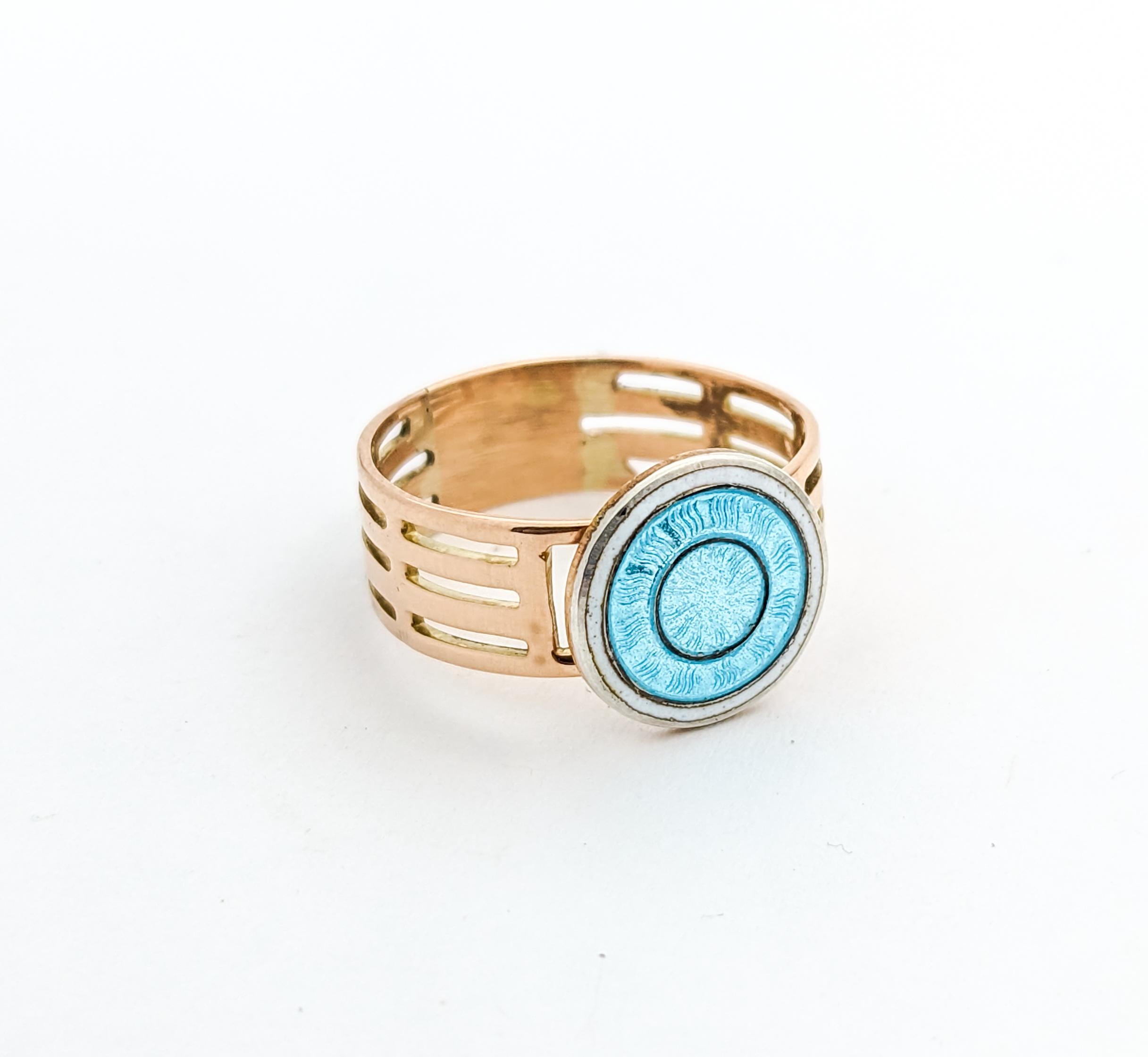 Guilloché Enamel Blue Disc Ring In Yellow Gold For Sale 3