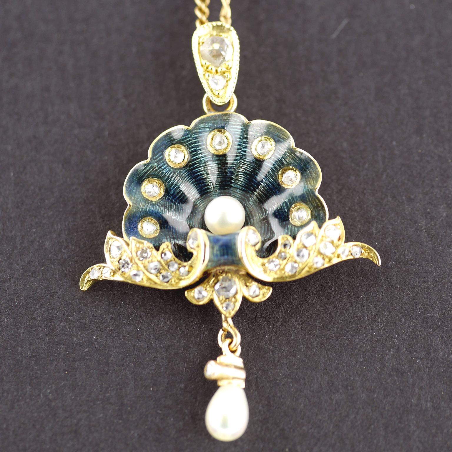 Women's Guilloché Enamel Pearl Diamond Gold Belle Époque Pendant, circa 1900