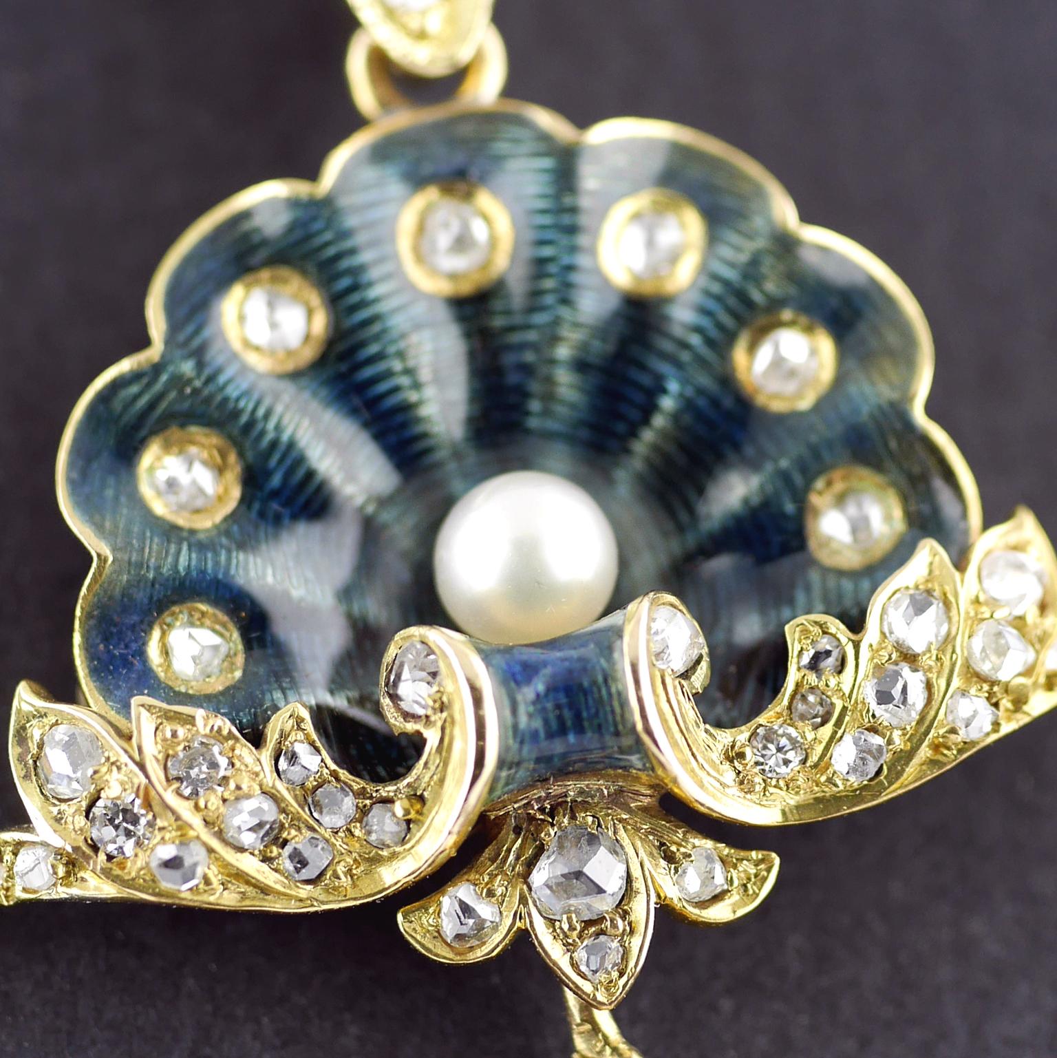 Guilloché Enamel Pearl Diamond Gold Belle Époque Pendant, circa 1900 1