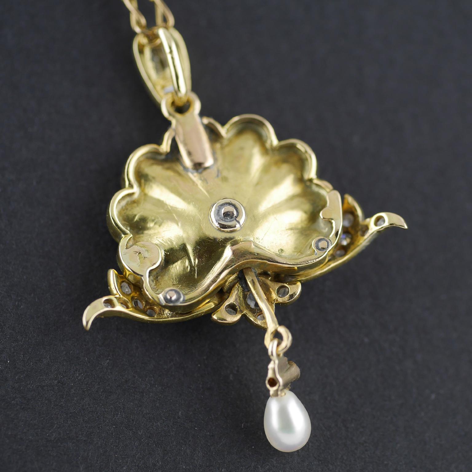 Guilloché Enamel Pearl Diamond Gold Belle Époque Pendant, circa 1900 5