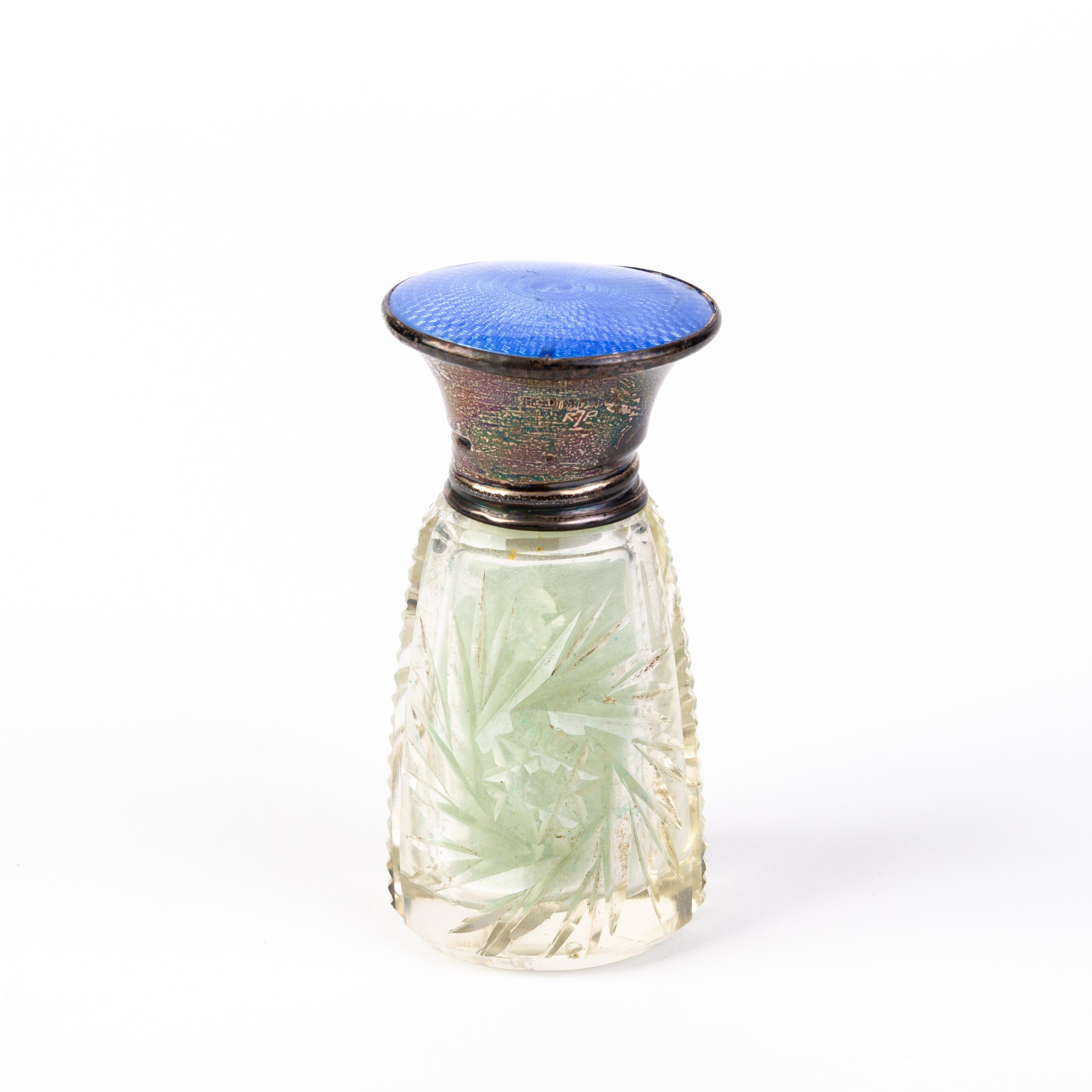 Guilloche Enamel Silver Cut Crystal Perfume Bottle  In Good Condition For Sale In Nottingham, GB
