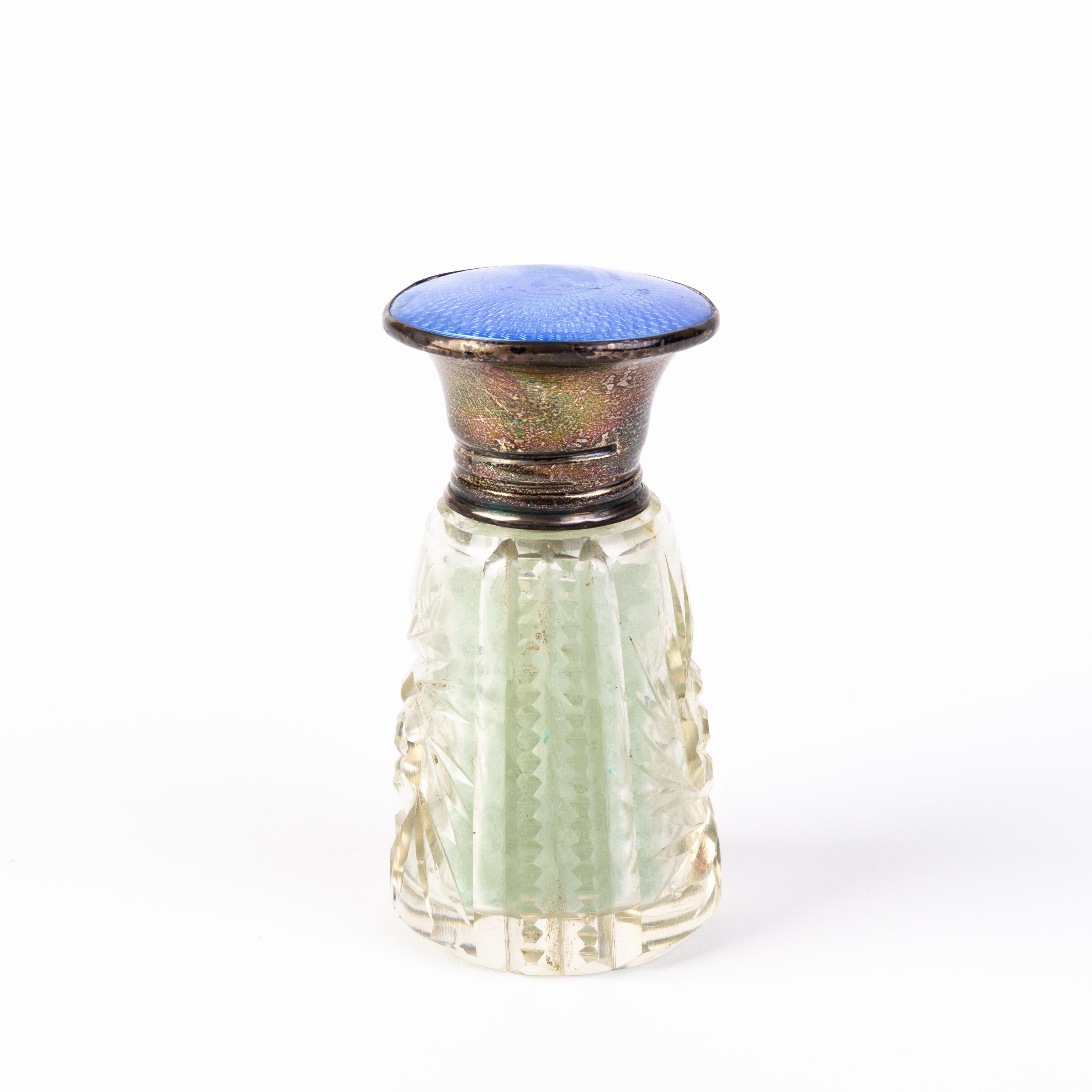 20th Century Guilloche Enamel Silver Cut Crystal Perfume Bottle 