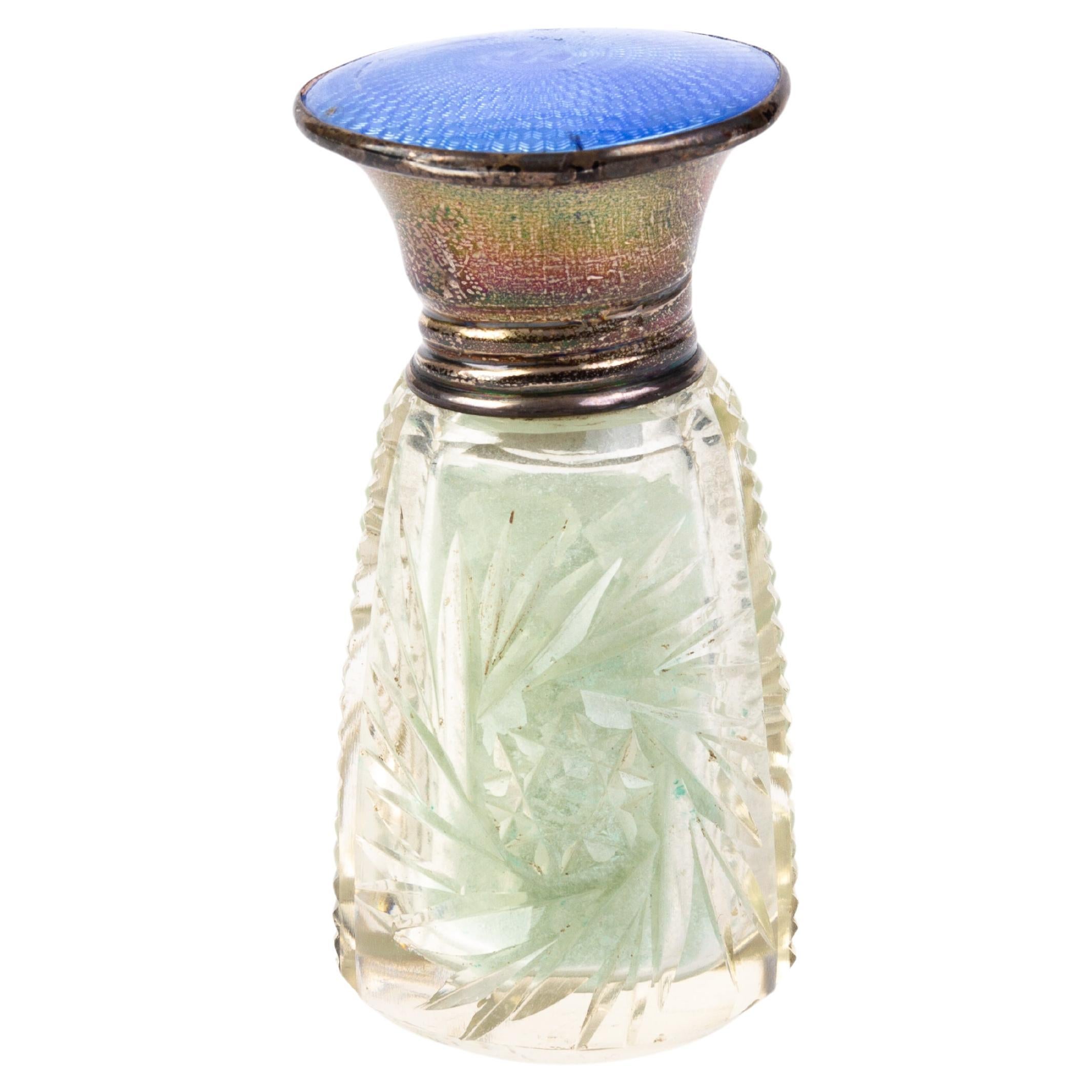 Guilloche Enamel Silver Cut Crystal Perfume Bottle  For Sale