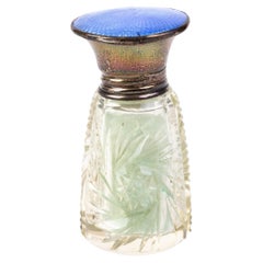 Guilloche Enamel Silver Cut Crystal Perfume Bottle 