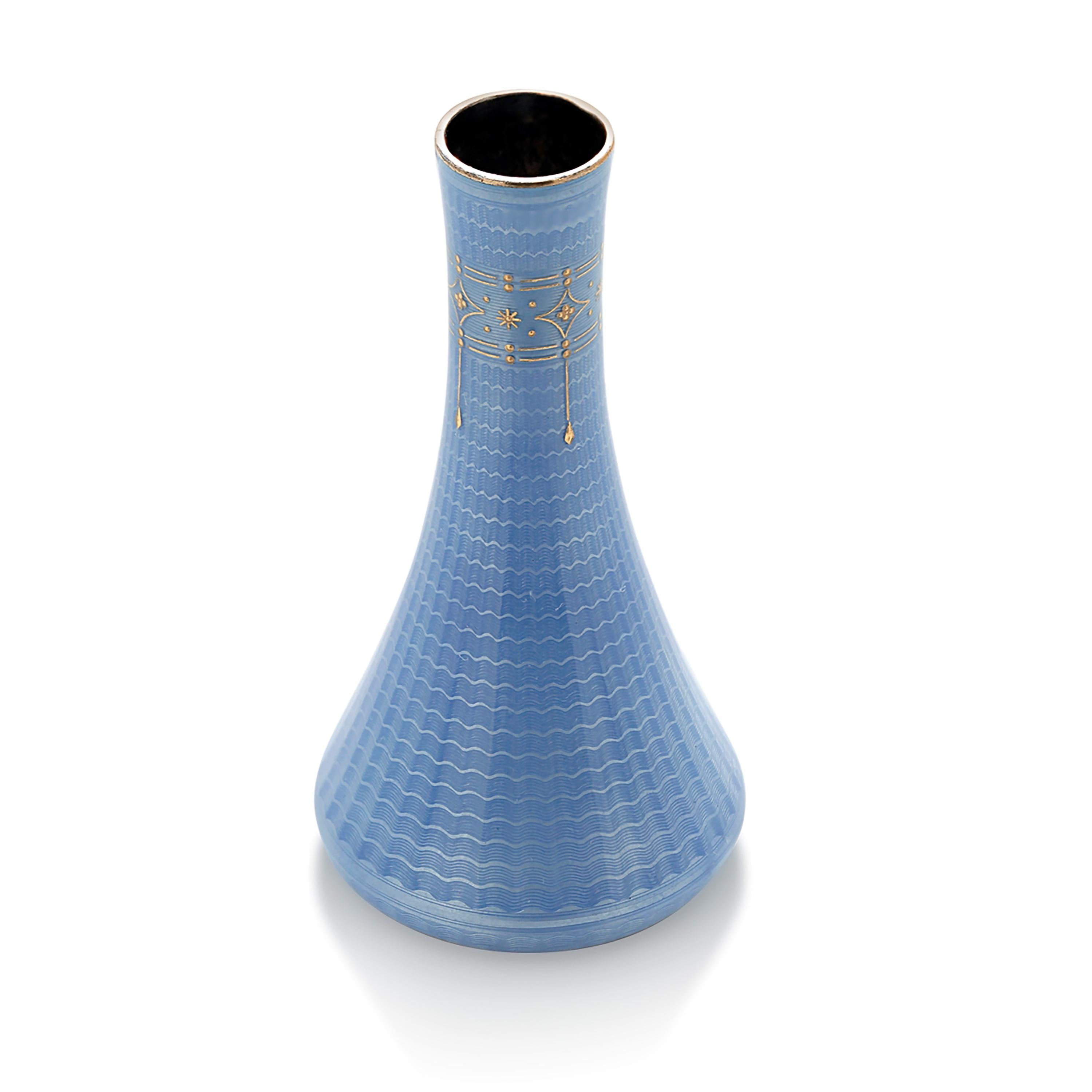 Art Deco Vintage Guilloche Enameled Silver Bud Vase in Blue Translucent Enamel