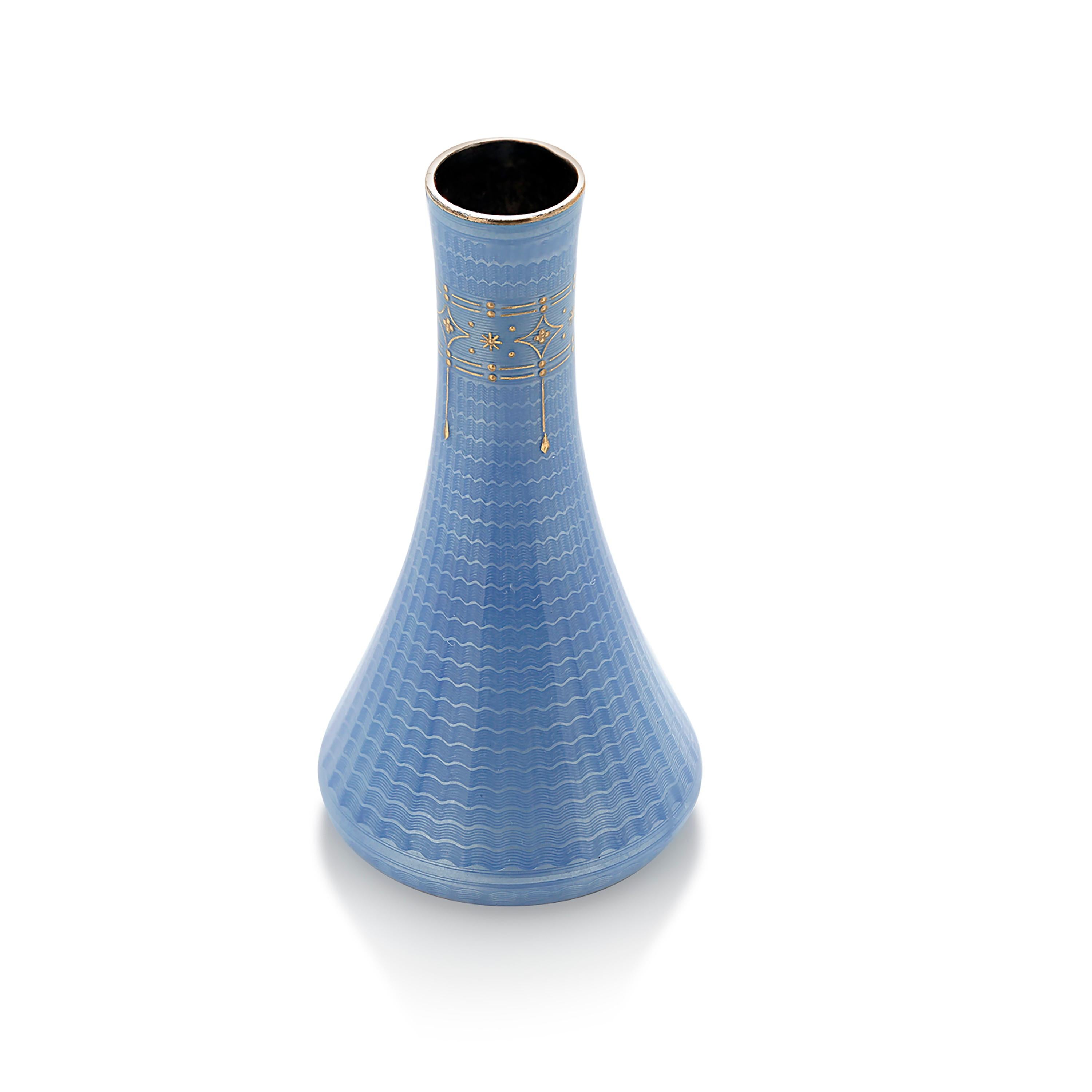 Vintage Guilloche Enameled Silver Bud Vase in Blue Translucent Enamel In Good Condition In New York, NY