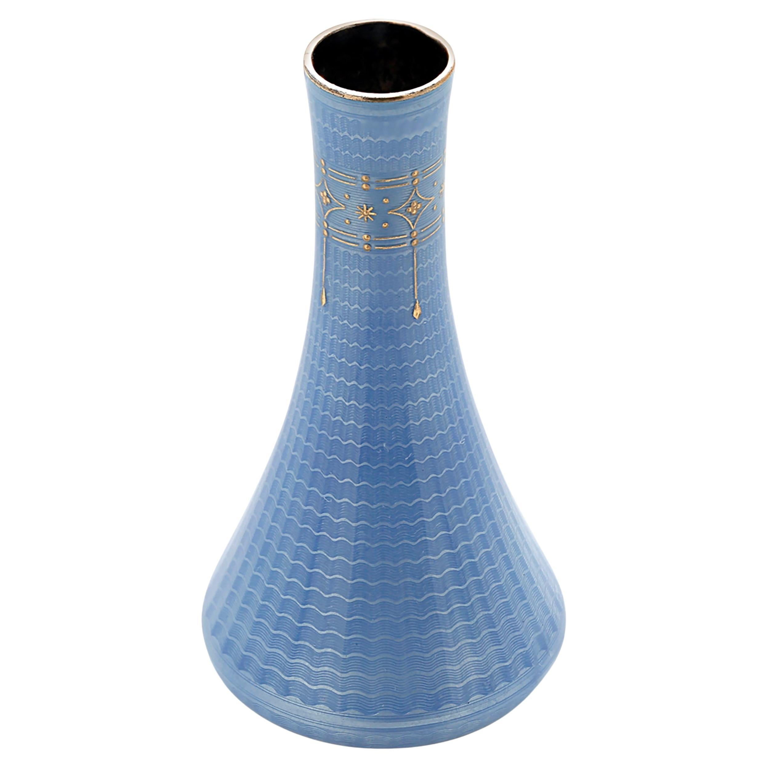 Vintage Guilloche Enameled Silver Bud Vase in Blue Translucent Enamel