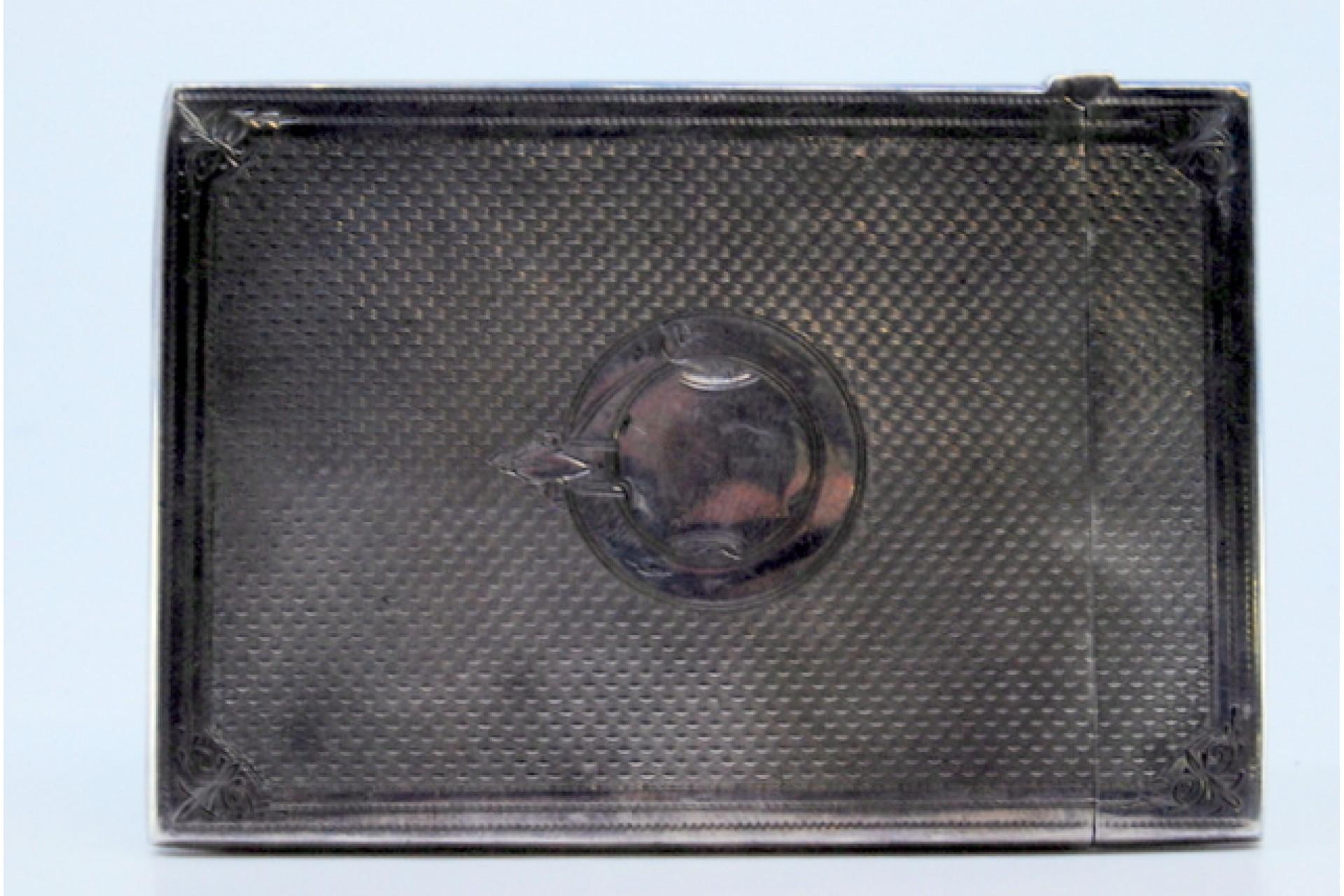 19th Century Guilloche silver card case w/ borders around the edges & a central monogram card For Sale