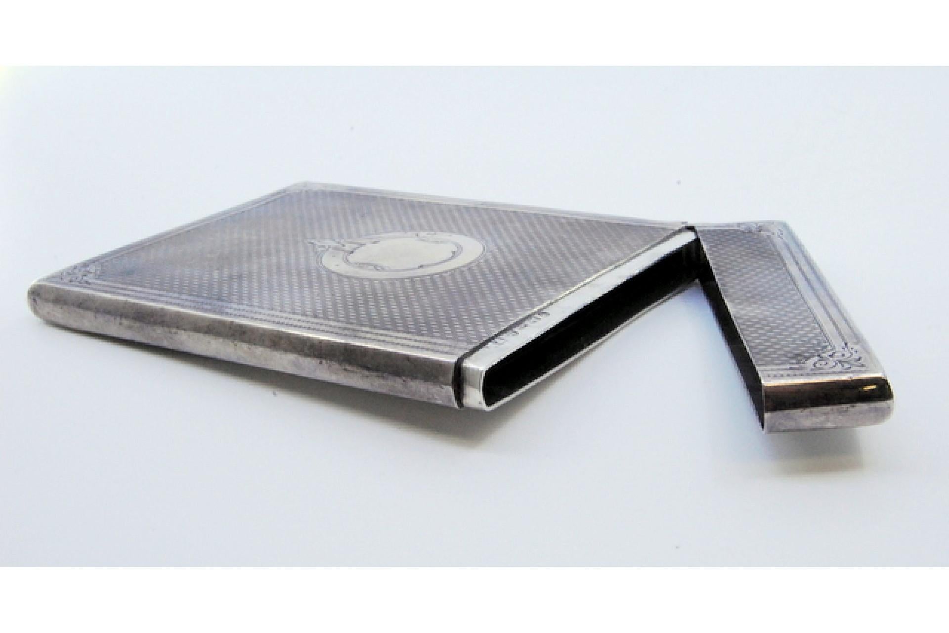 Silver Guilloche silver card case w/ borders around the edges & a central monogram card For Sale