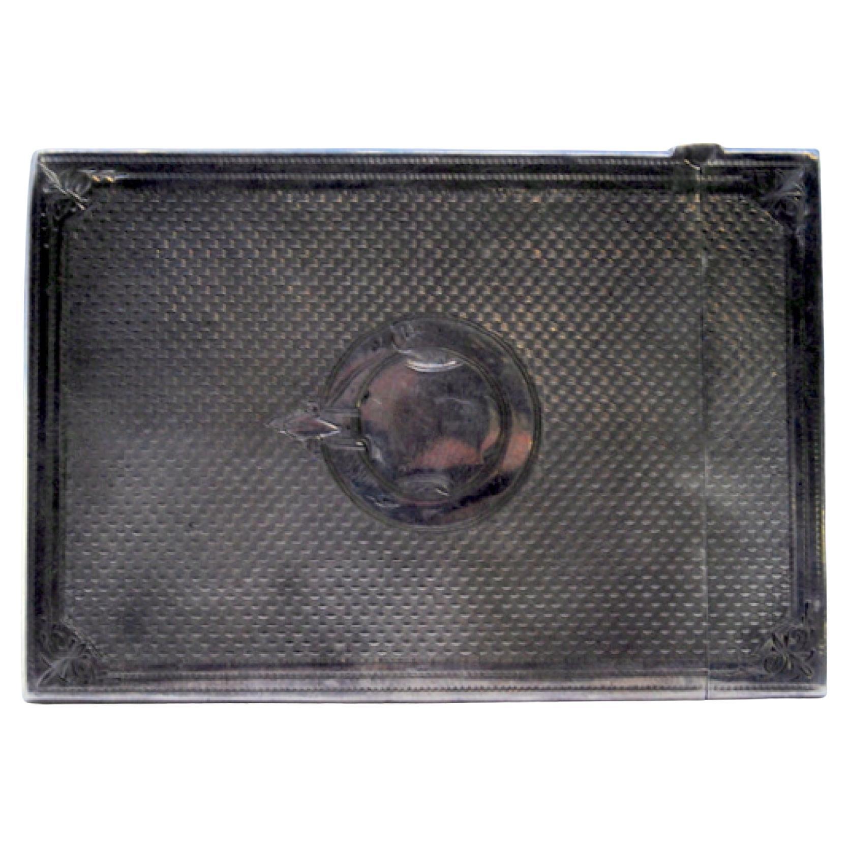 Guilloche silver card case w/ borders around the edges & a central monogram card For Sale