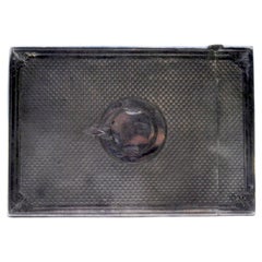 Guilloche silver card case w/ borders around the edges & a central monogram card