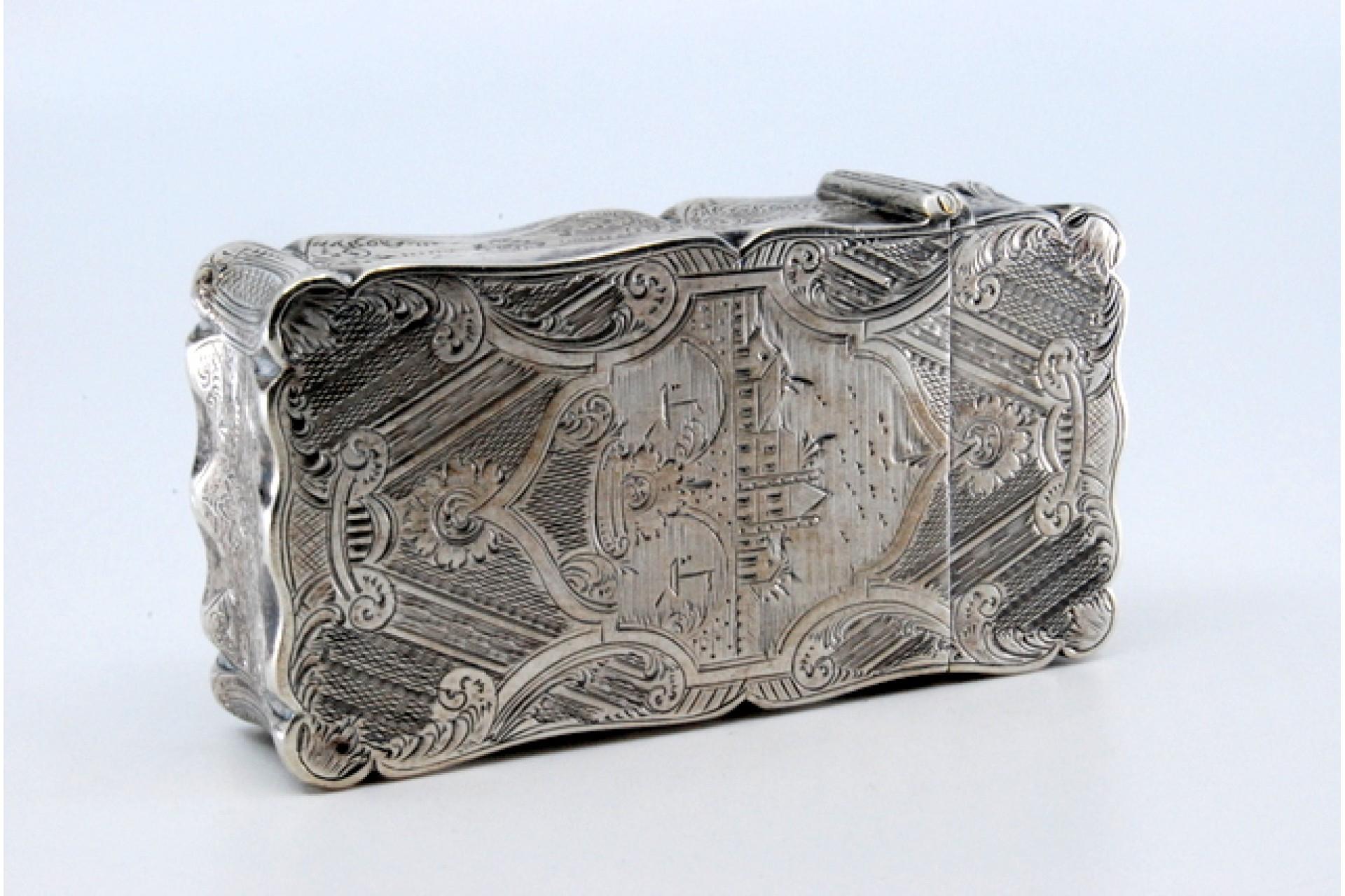 European Guilloche silver cardboard box with engraved city motifs and wavy border For Sale