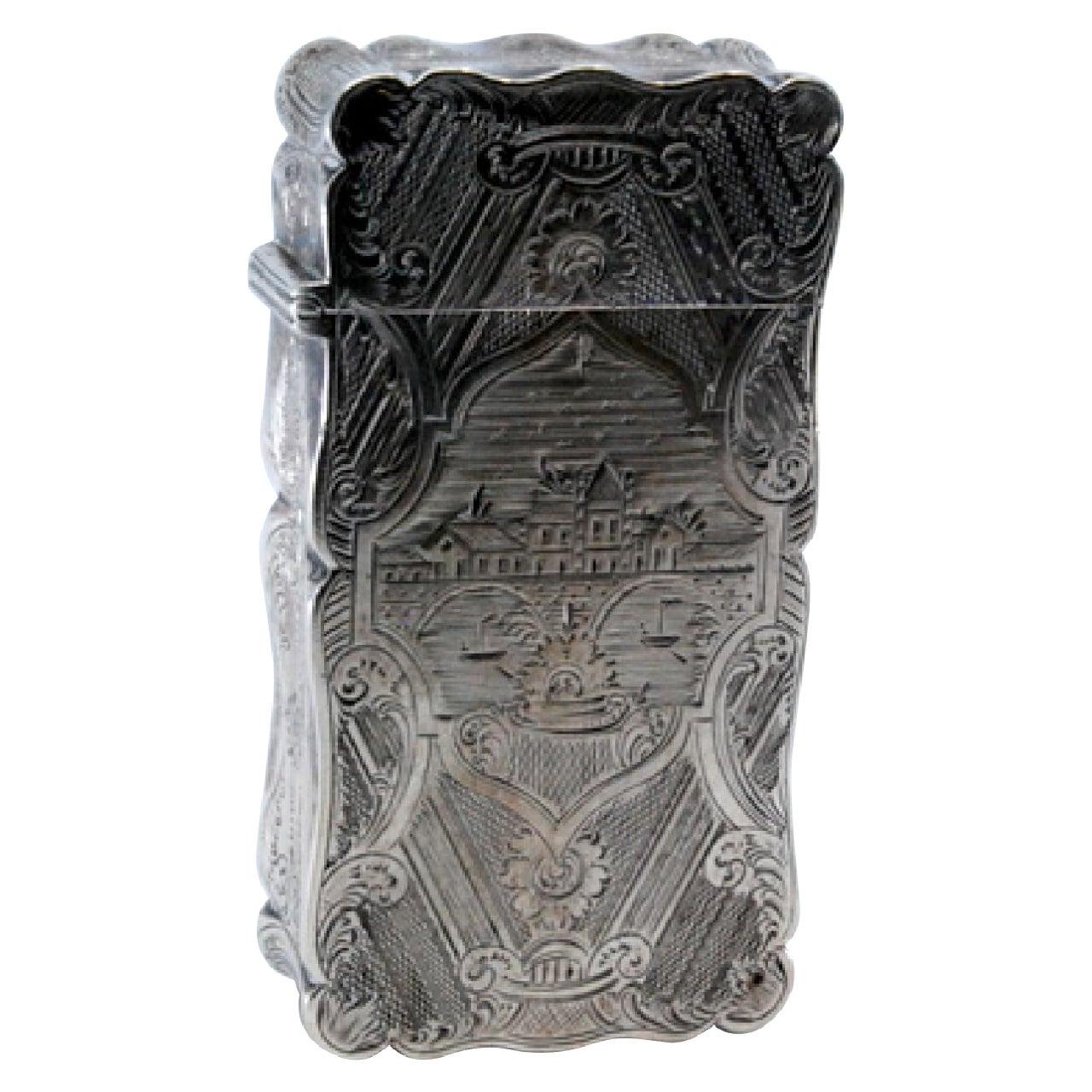 Guilloche silver cardboard box with engraved city motifs and wavy border For Sale