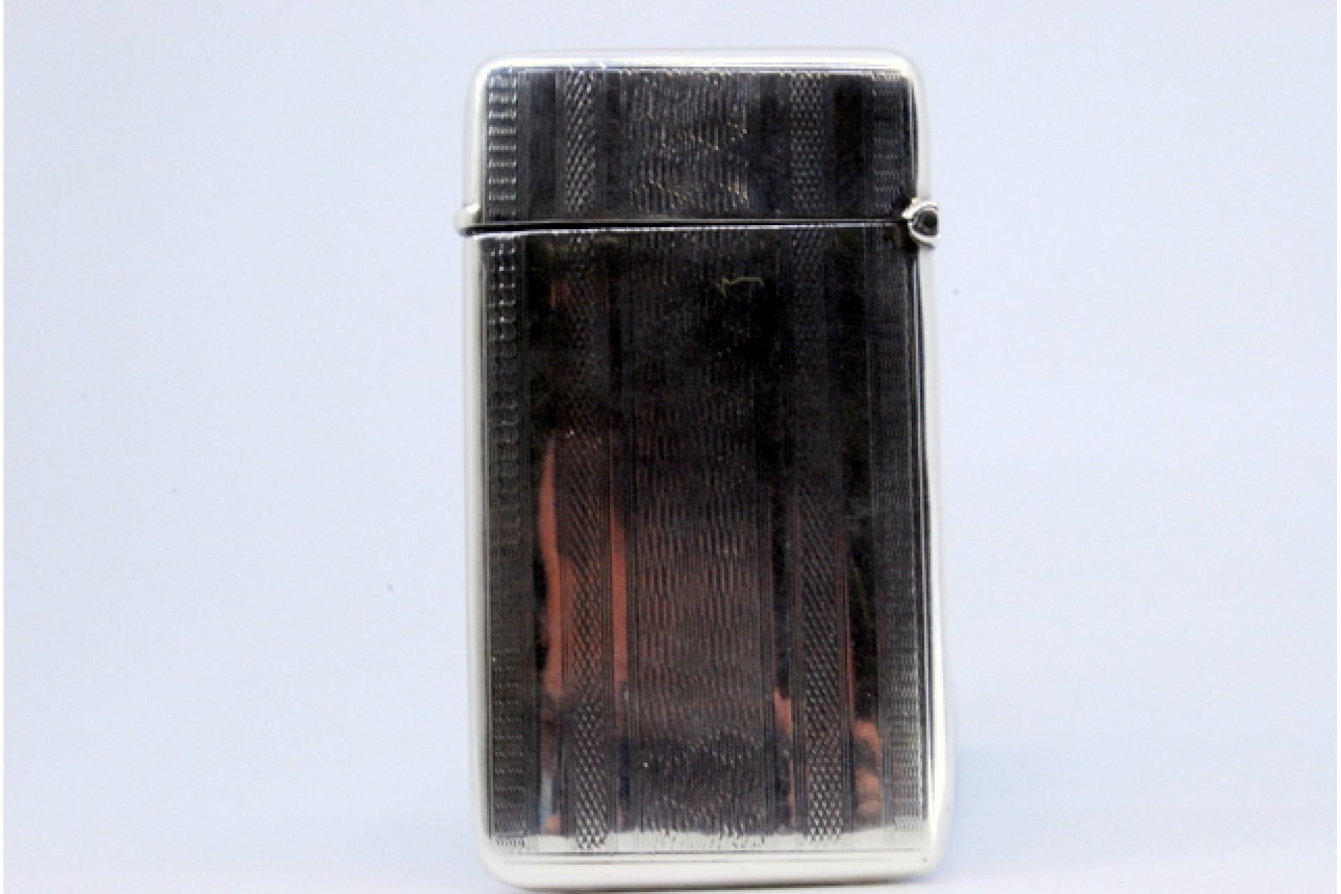 European Guilloche silver carton with hinged lid enclosing monogram card For Sale