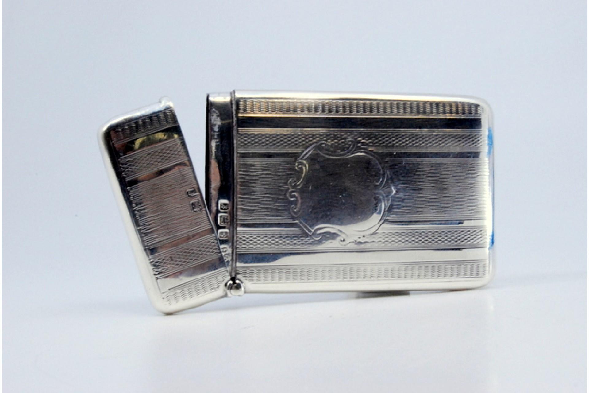 Silver Guilloche silver carton with hinged lid enclosing monogram card For Sale