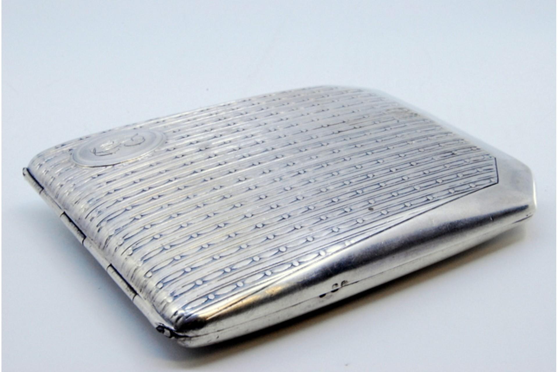 European Guilloche silver case with beveled corners, monogram plate and hinged lid For Sale