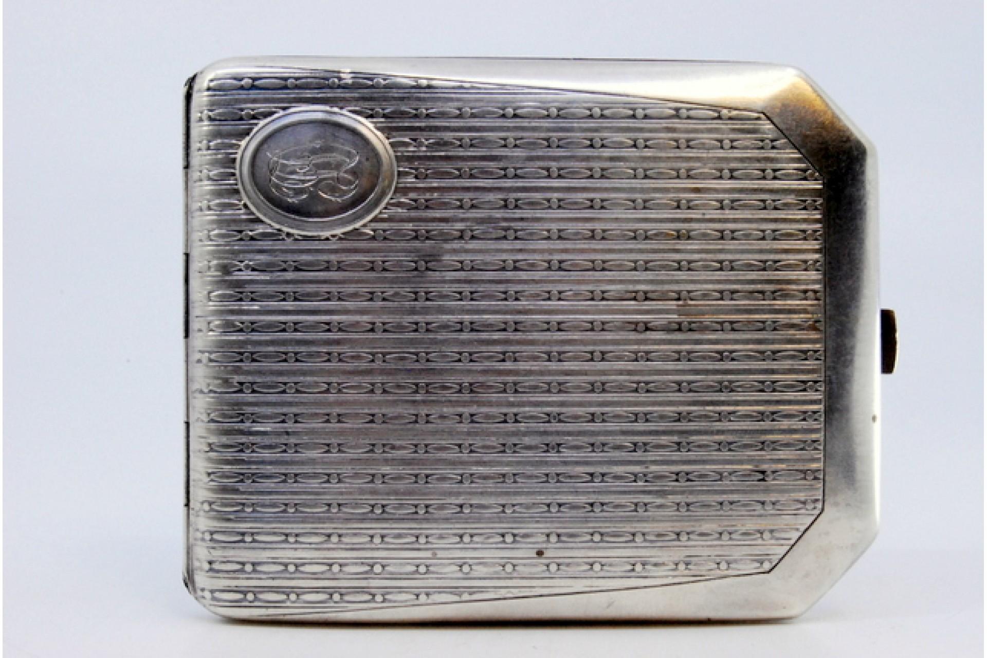 19th Century Guilloche silver case with beveled corners, monogram plate and hinged lid For Sale
