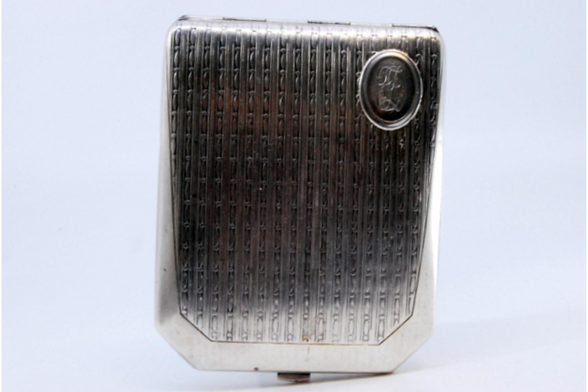 Silver Guilloche silver case with beveled corners, monogram plate and hinged lid For Sale