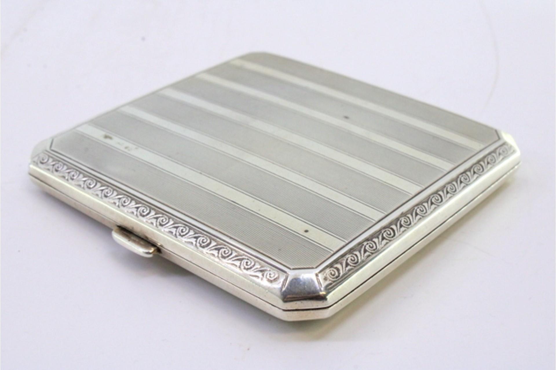 European Guilloche silver case with beveled corners, top bands, gold interior, hinged lid For Sale