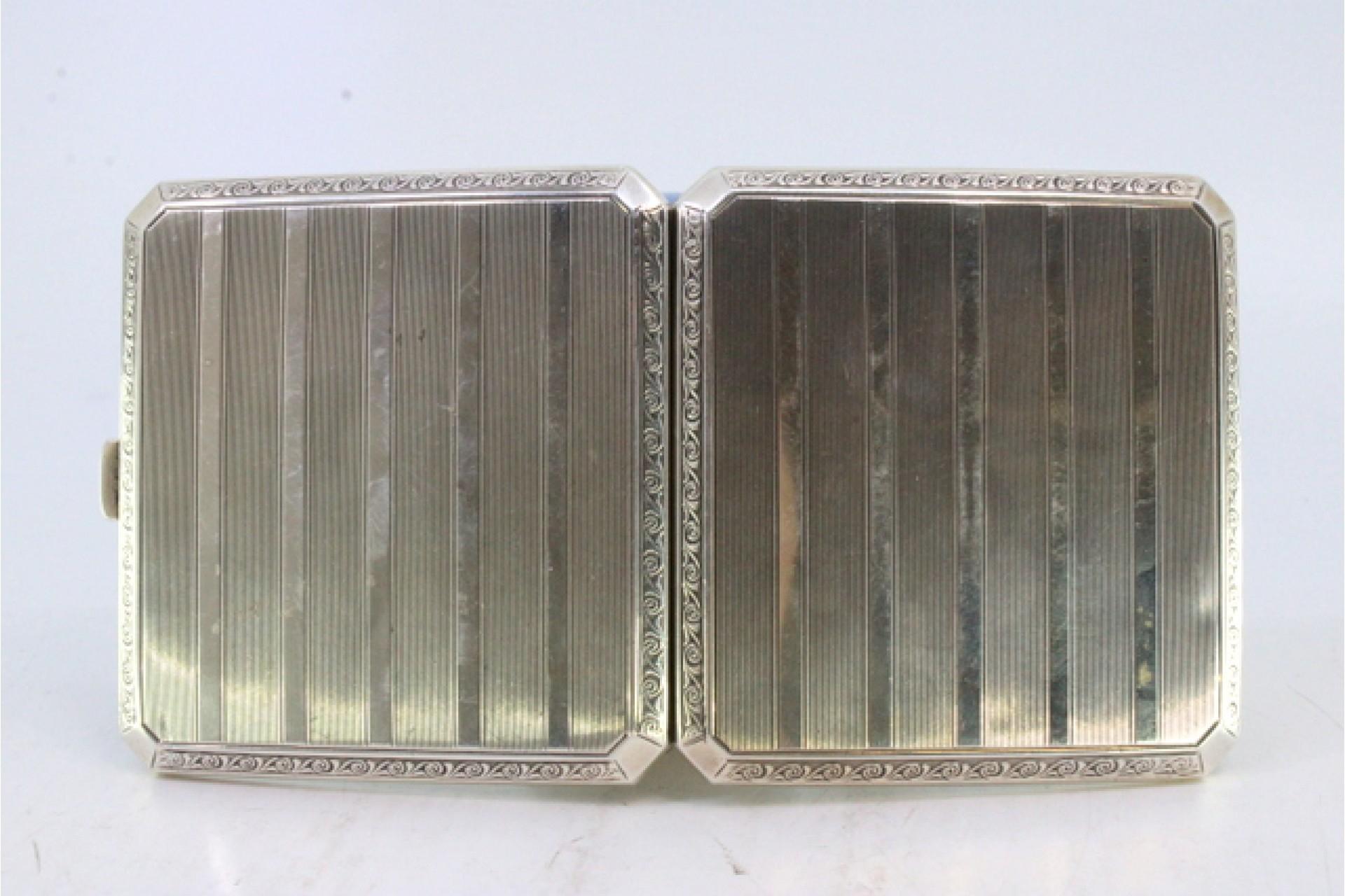 20th Century Guilloche silver case with beveled corners, top bands, gold interior, hinged lid For Sale