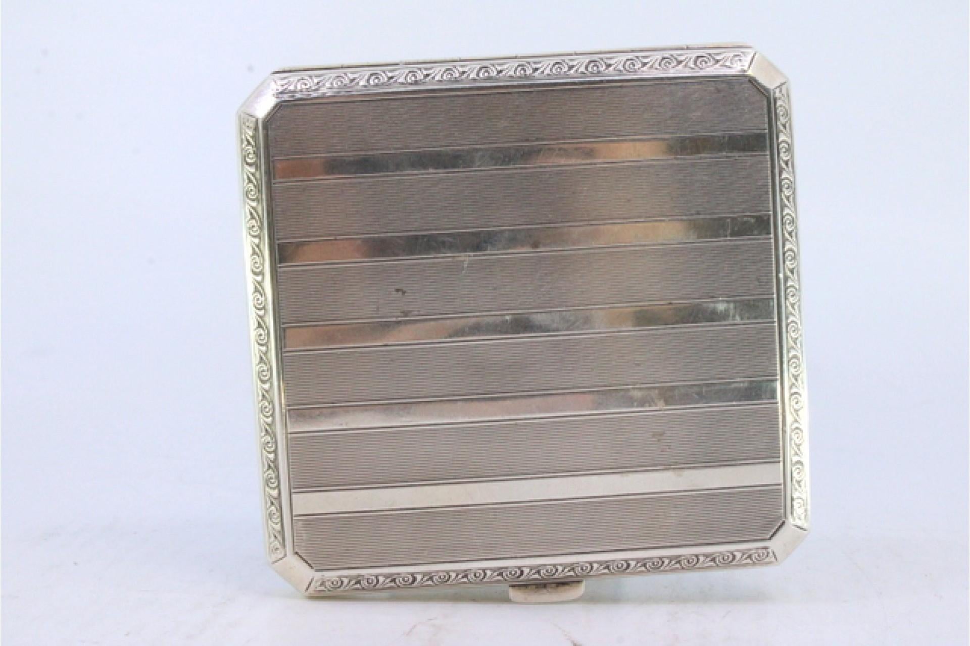 Silver Guilloche silver case with beveled corners, top bands, gold interior, hinged lid For Sale
