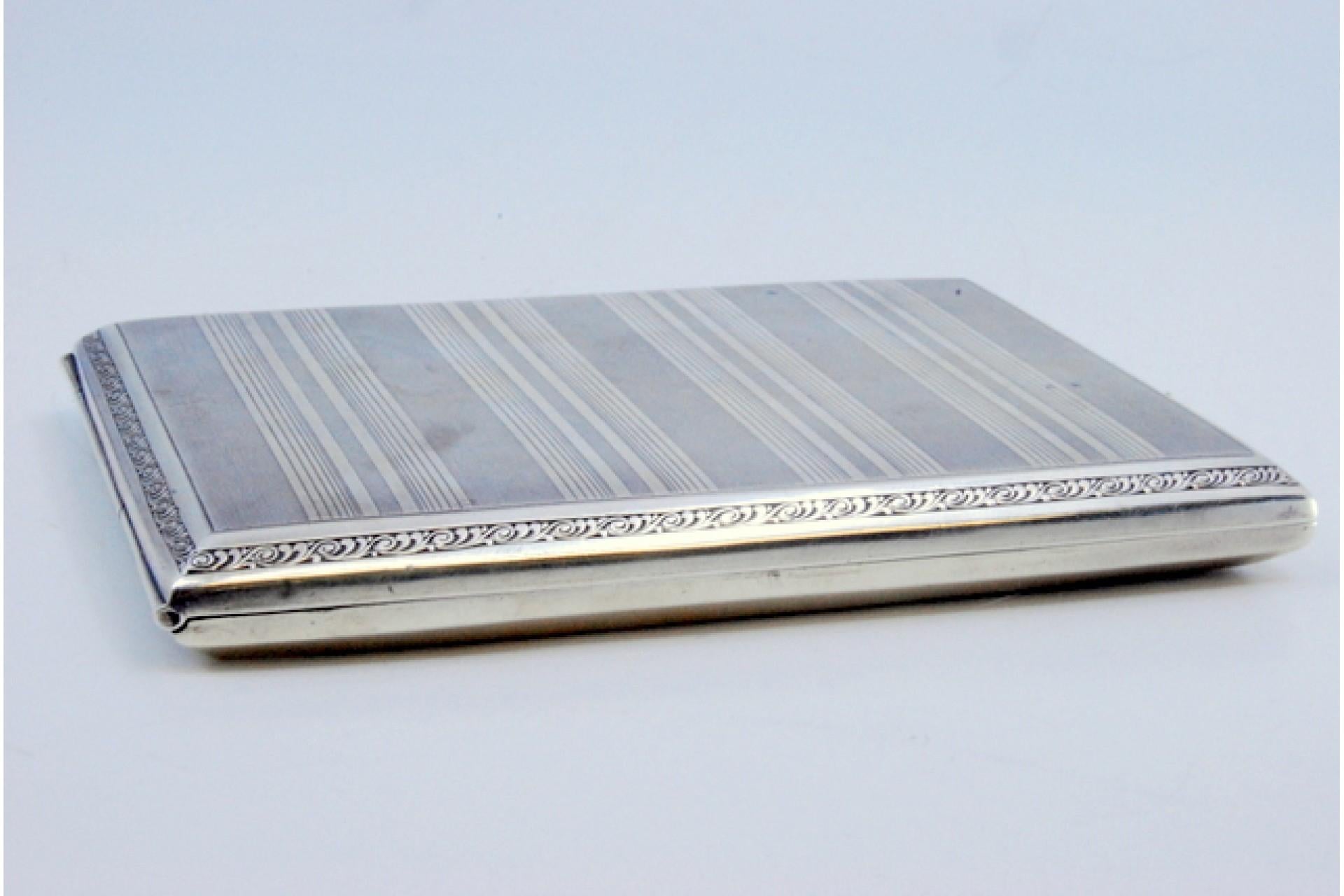 European Guilloche silver case with top bands and edge friezes, hinged lid For Sale