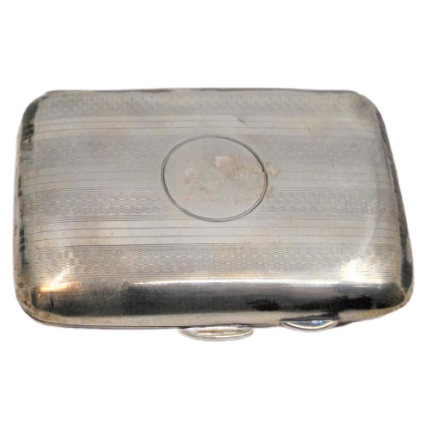 Guilloche silver case with top bands around monogram and hinged lid