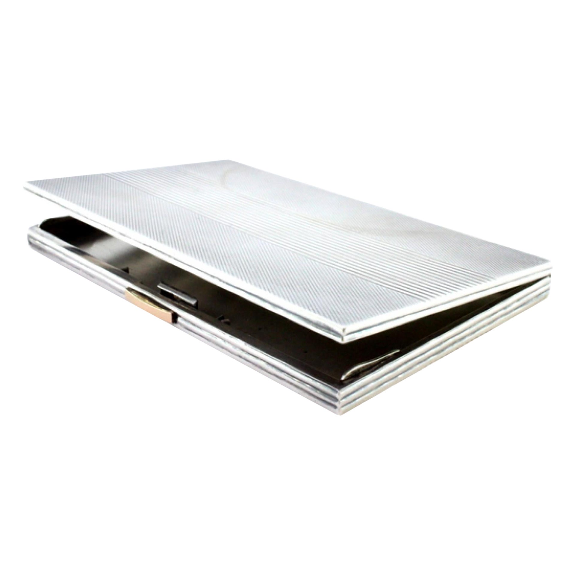 Guilloche silver cigarette case with bands at the top, hinged lid and gold clasp