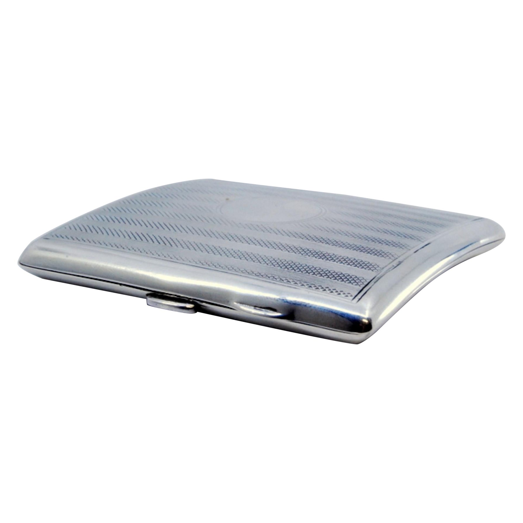 Guilloche silver cigarette case with curved bands at the top and hinged lid