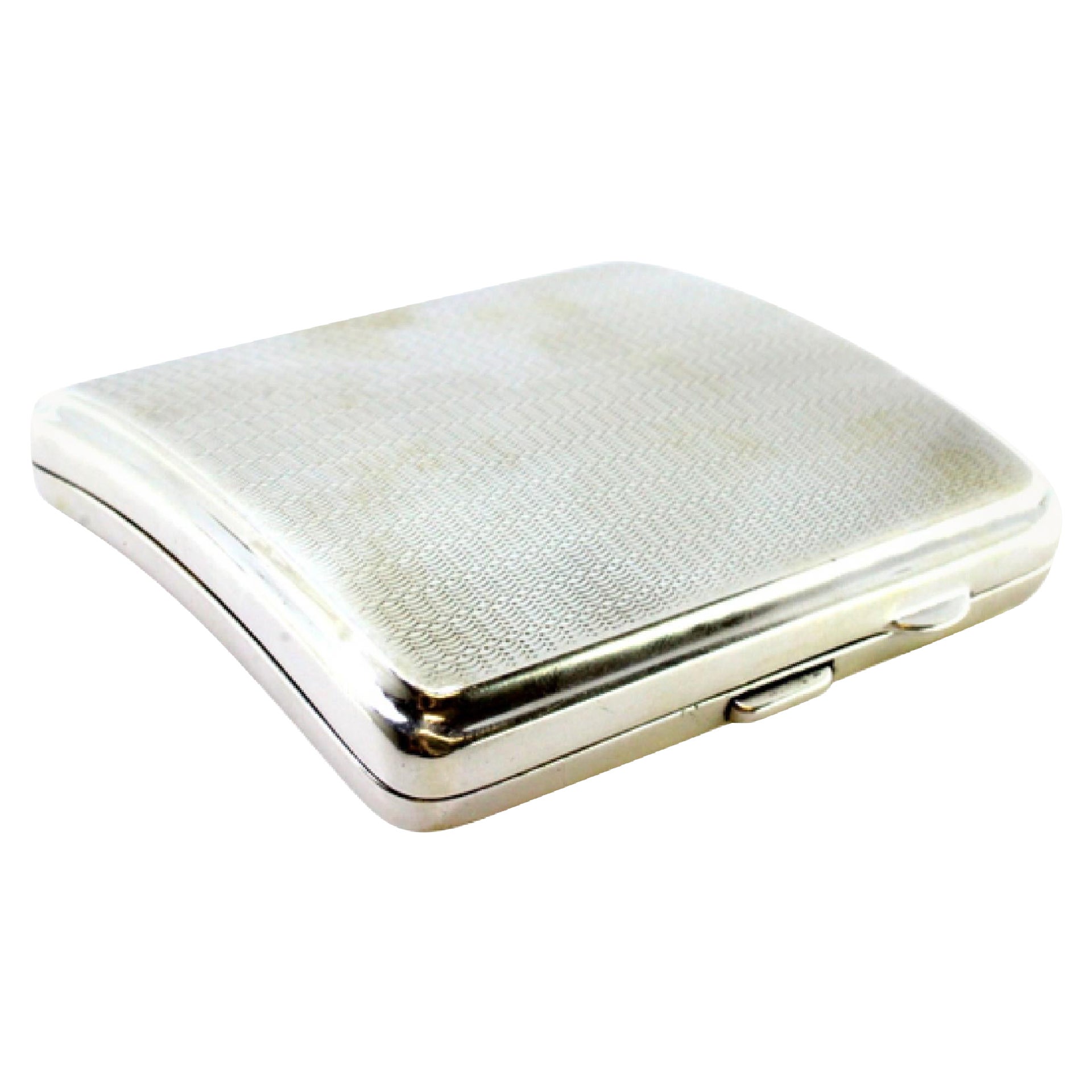 Guilloche silver cigarette case with curved hinged lid and gold interior