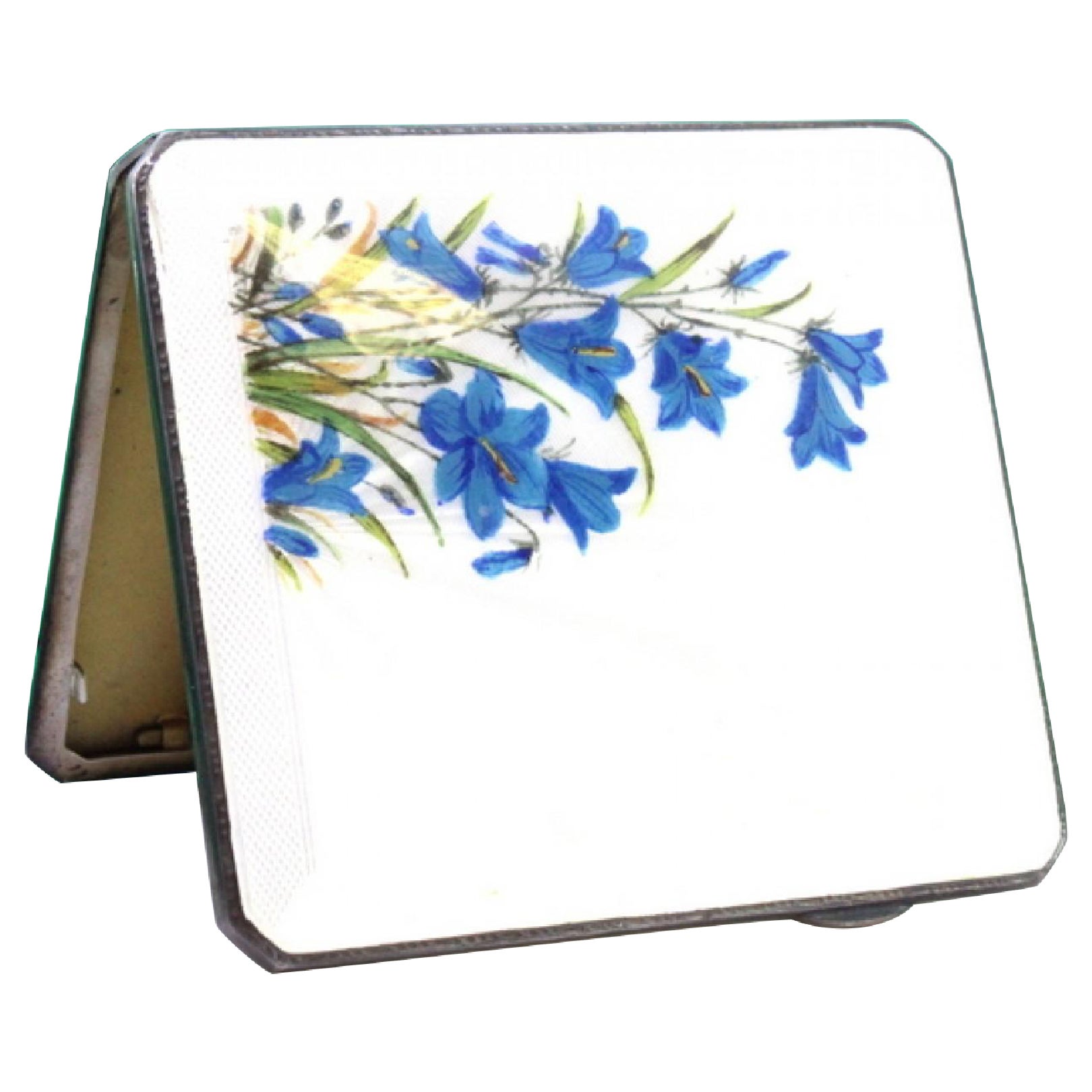 Guilloche silver cigarette case with enameled hinged lid featuring blue flowers