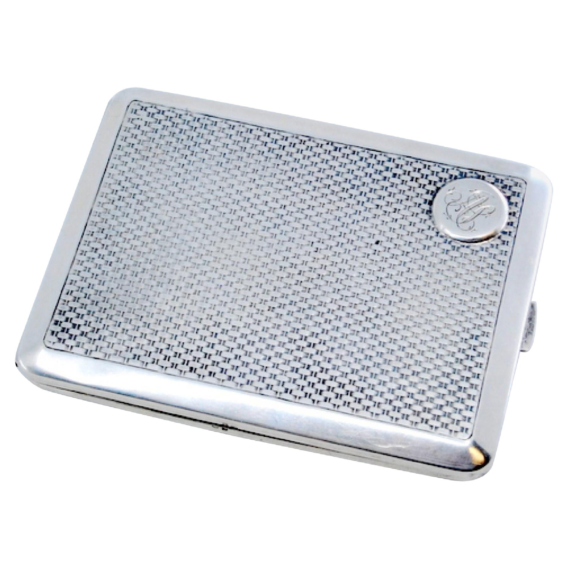 Guilloche silver cigarette case with monogram card, gold interior and hinged lid