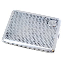 Guilloche silver cigarette case with monogram card, gold interior and hinged lid