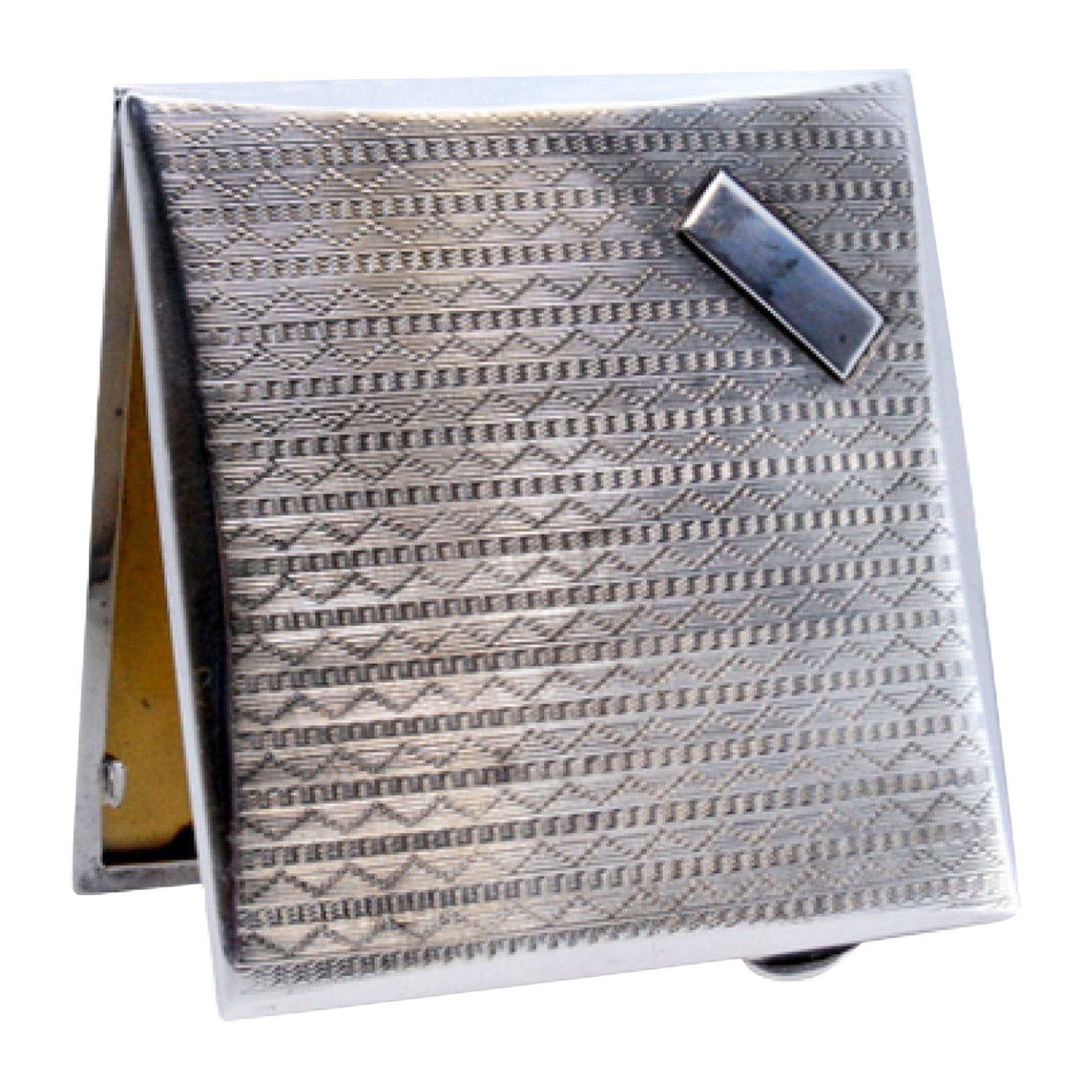 Guilloche silver cigarette case with monogram card, gold interior and hinged lid