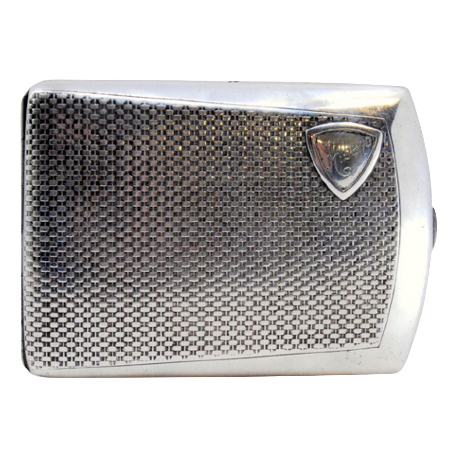 Guilloche silver cigarette case with monogram card, gold interior and hinged lid