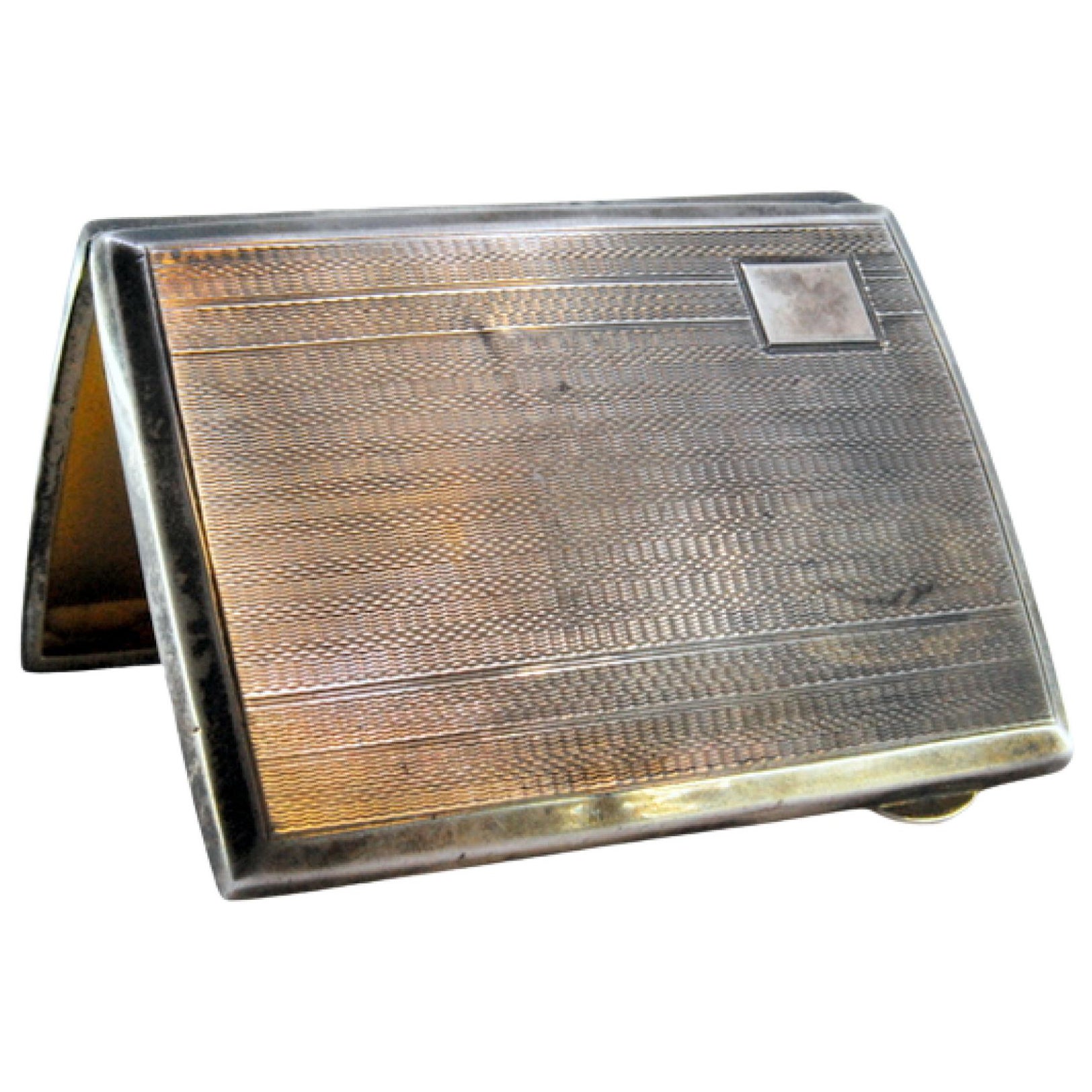 Pitillera de plata guilloché con tarjeta monograma, interior dorado y tapa abatible