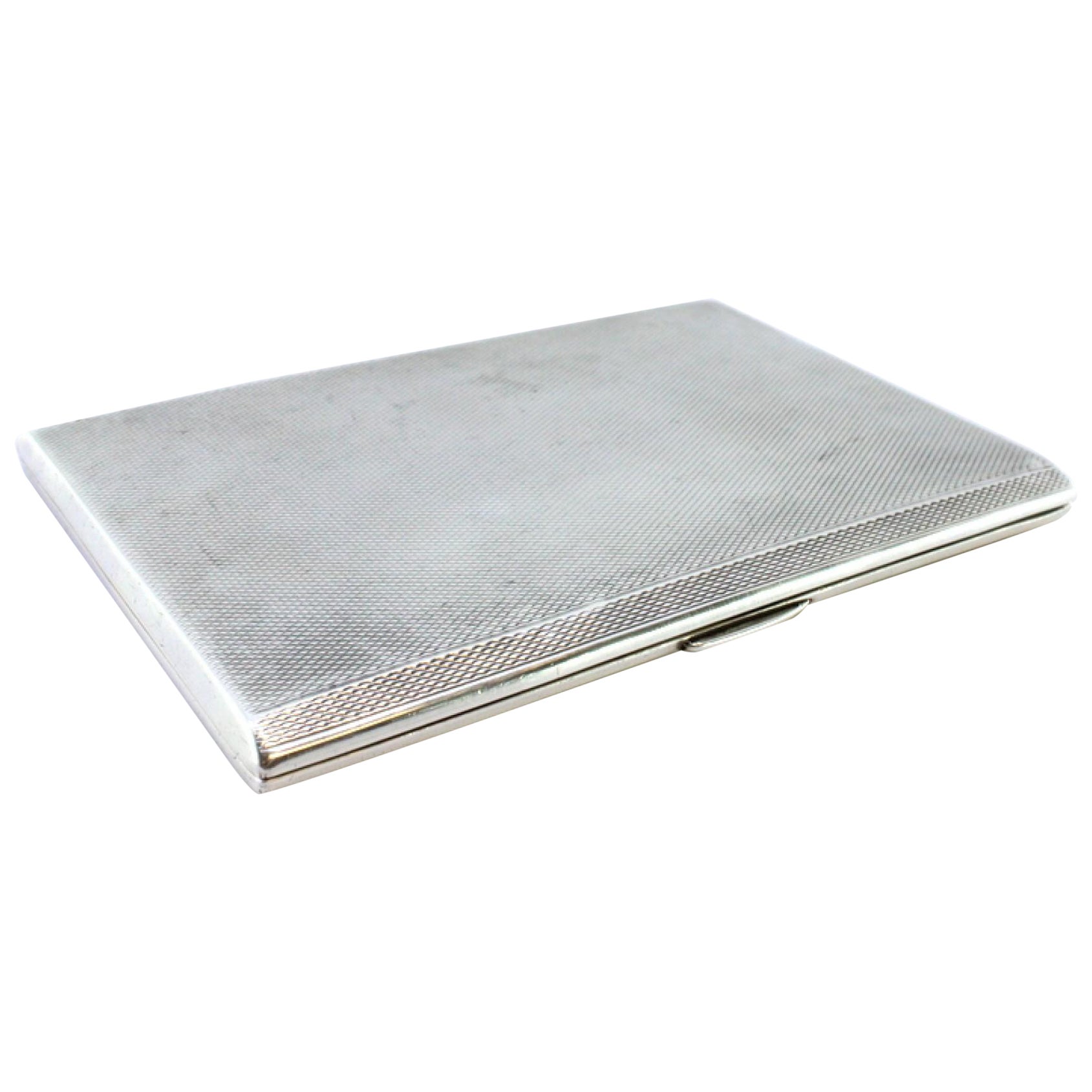 Guilloche silver cigarette case with opening application and gold interior