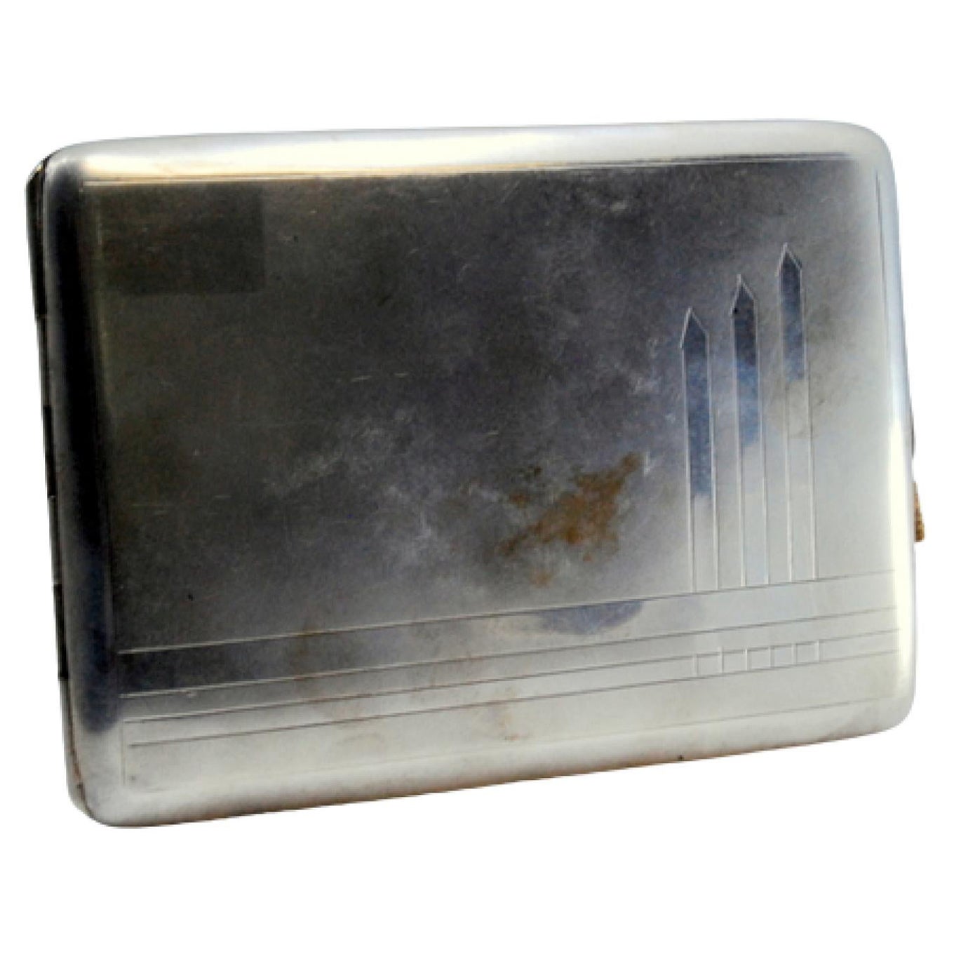 Guilloche silver cigarette case with polished bands on matte ground, hinged lid