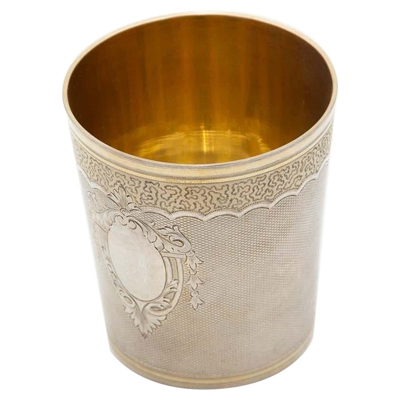 Guilloche silver cup, engravings surrounding the card For Sale