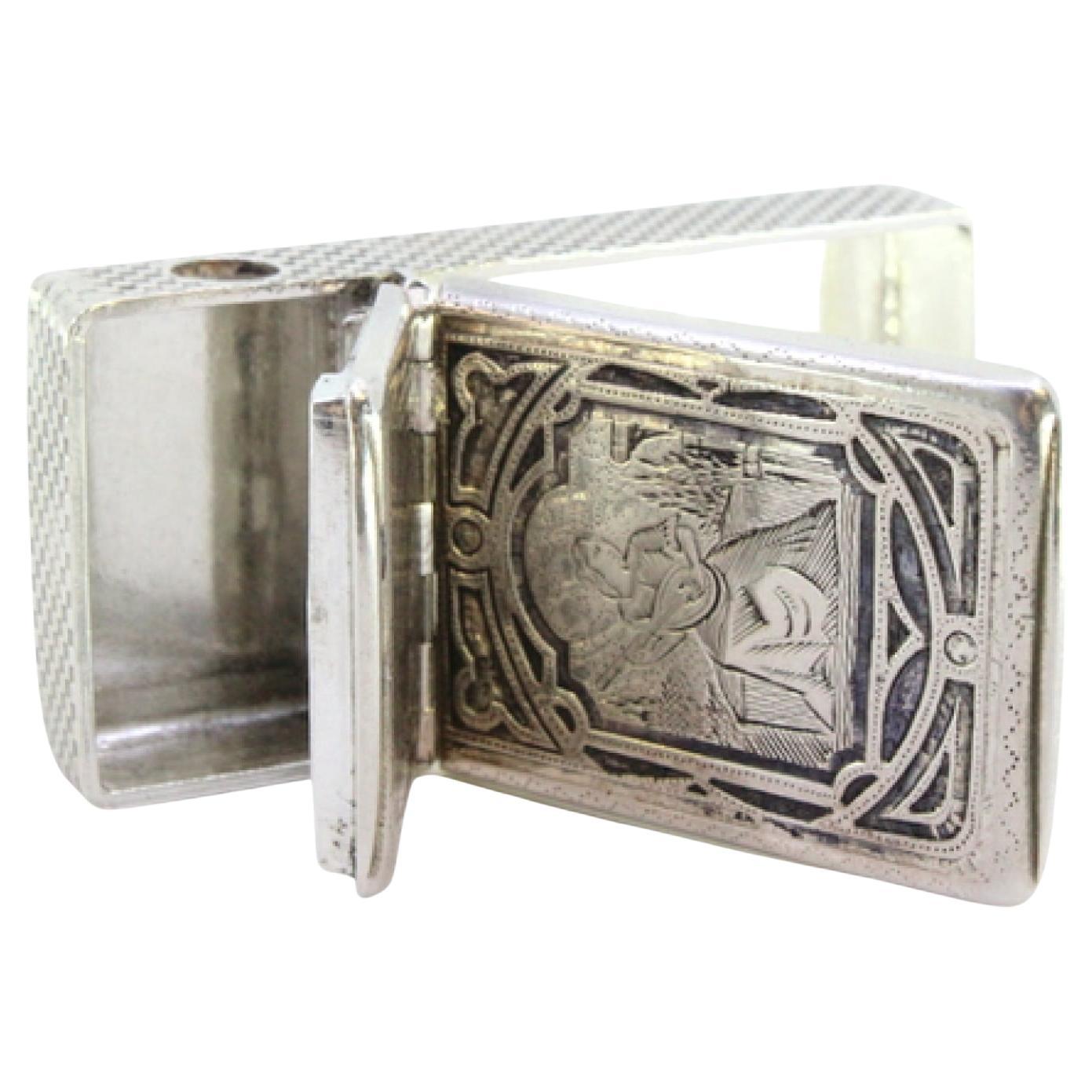 Guilloche silver pill box with double divisions and engraving on the lids