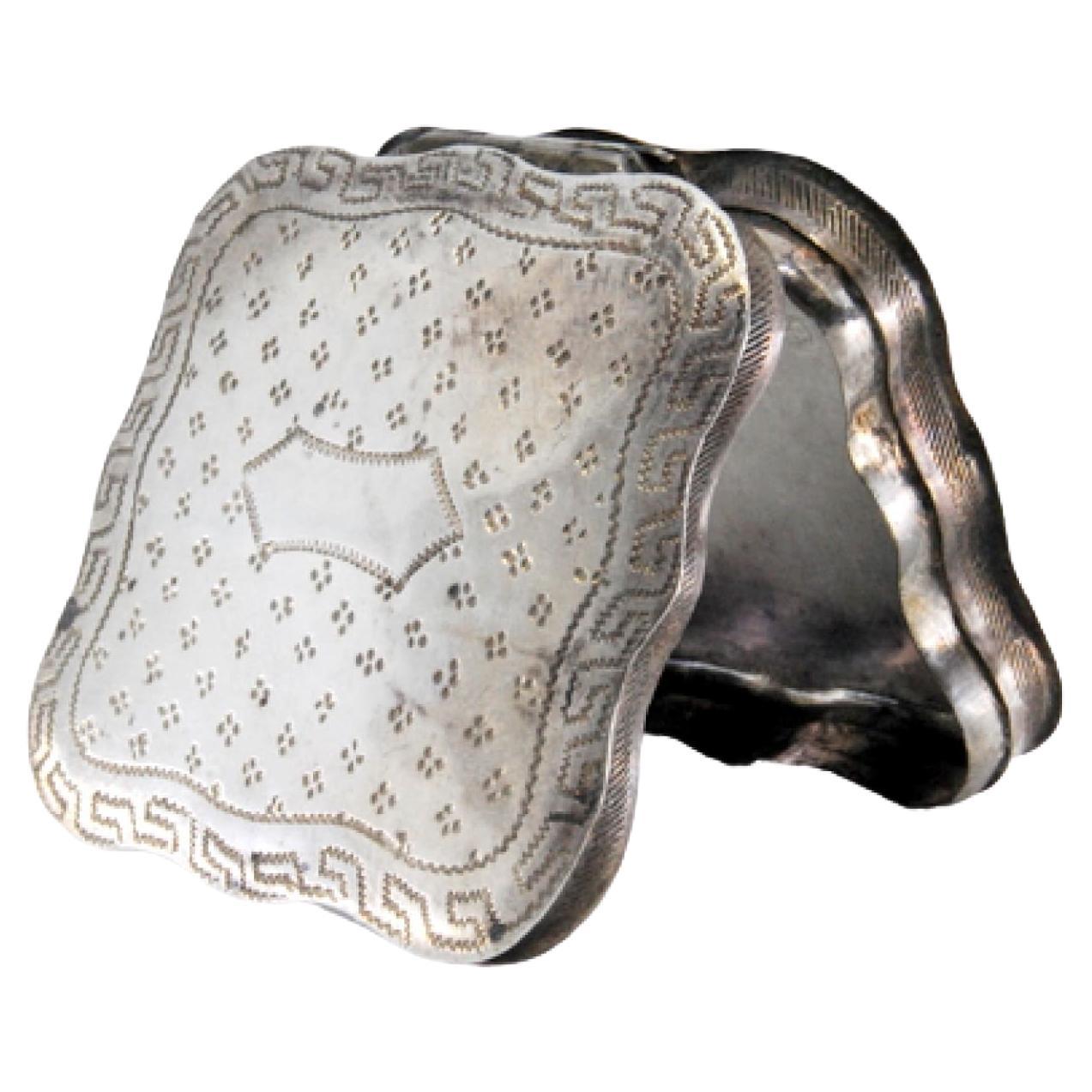 Guilloche silver pill box with monogram card on the hinged lid