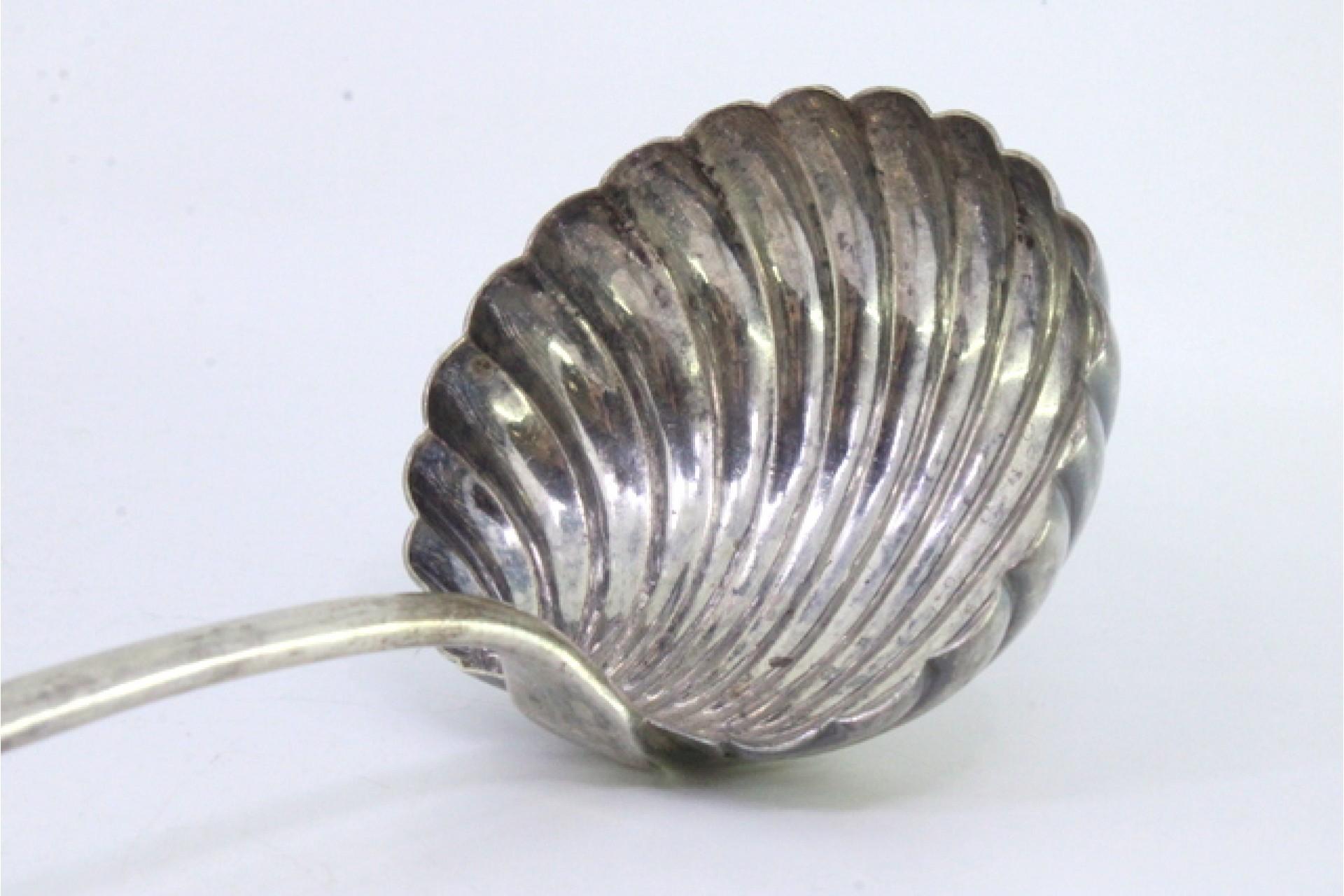 European Guilloche silver shell ladle with engraved handle and monogram For Sale