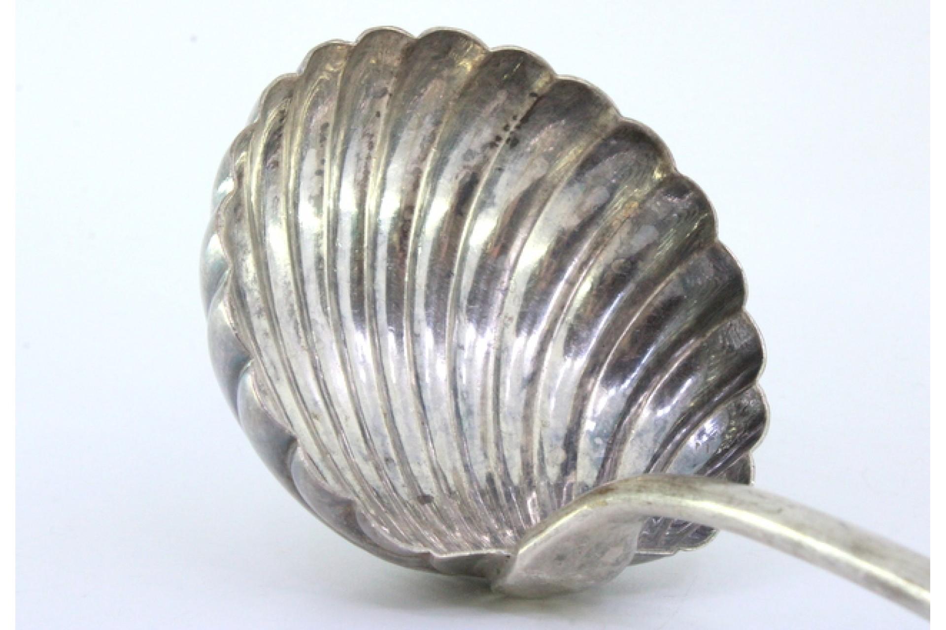19th Century Guilloche silver shell ladle with engraved handle and monogram For Sale