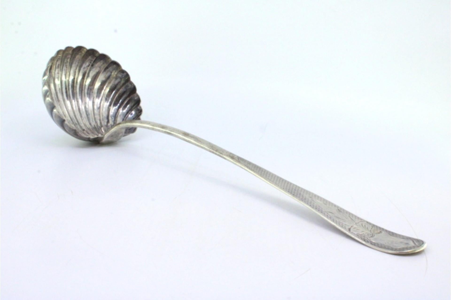 Silver Guilloche silver shell ladle with engraved handle and monogram For Sale